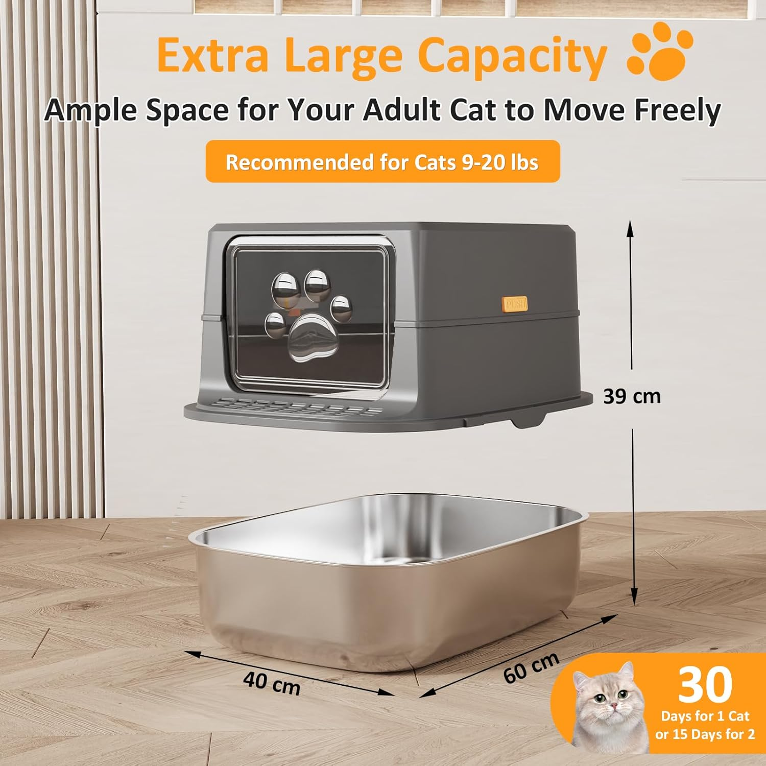 IHAYNER Stainless Steel Extra-Large Cat Litter Tray with Lid, 60 X 40 X 39 Cm, 47 L, Dark Gray, Covered Litter Box for Cat Owners image number 4