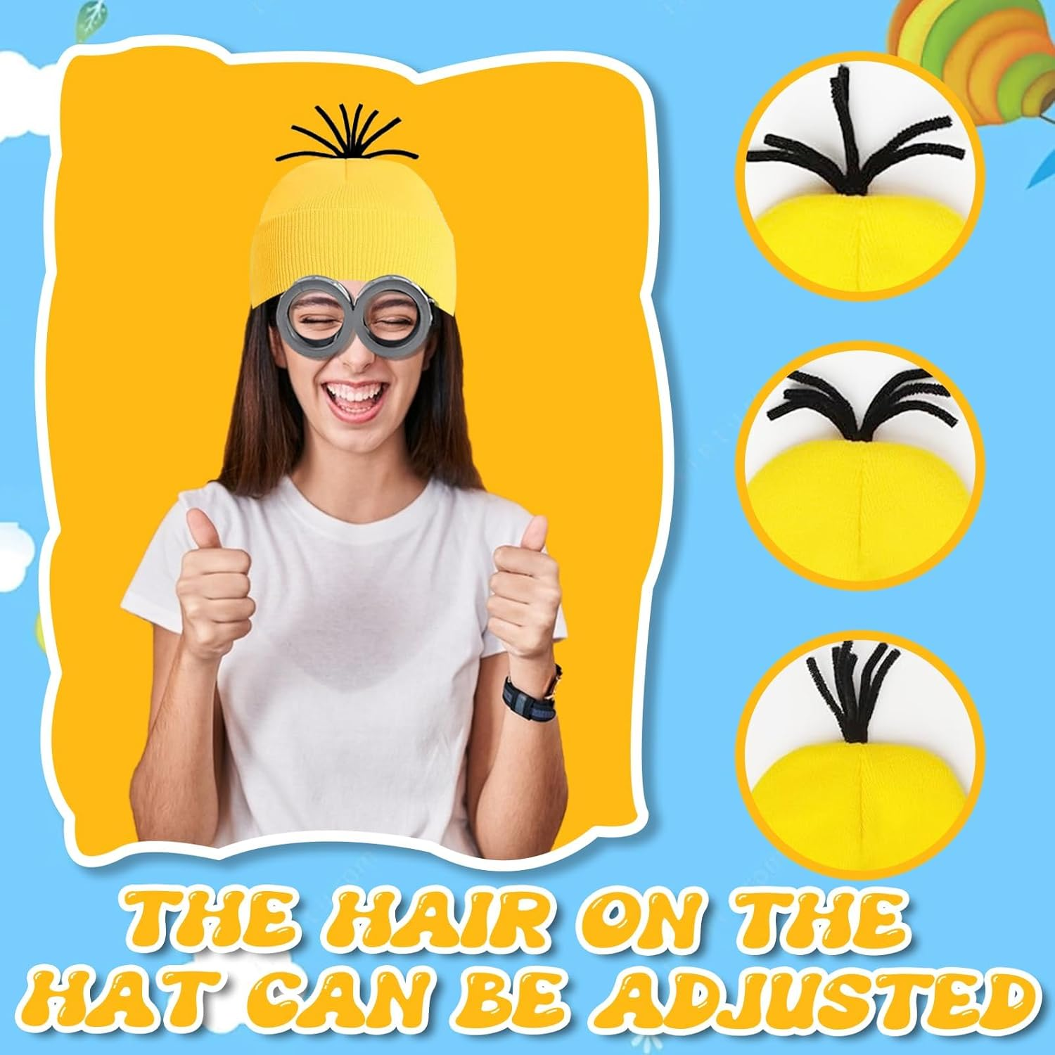 5PCS Yellow Costume Accessories, Fancy Dress Set with Eanie Knit Hats Goggles Gloves Blue Straps for Adult Halloween Cosplay Party World Book Day Dress up Outfits image number 3