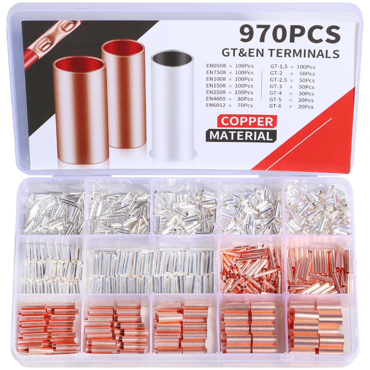 Aikoolwer Wire Ferrules Terminals Kit Tinned Copper 7 Sizes Crimp Connector Crimper Crimping Tool Non Insulated Electrical Cable Pin Cord End Assortment with 48Pcs Heat Shrink Tubing