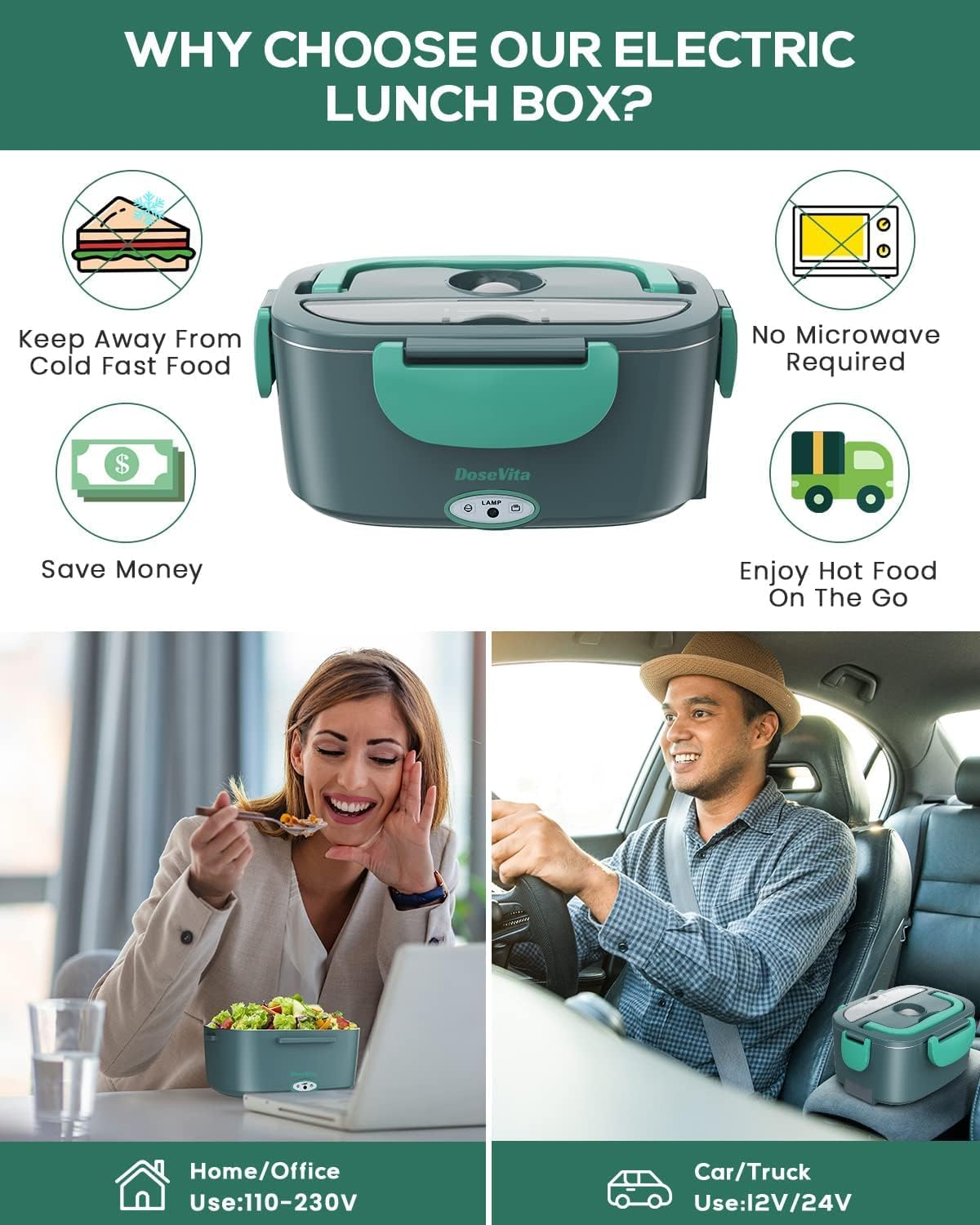 Electric Lunch Box Food Heater 60W1.5L Leak-Proof Heated Lunch Box 12V 24V 220V 3 in 1 Portable Food Warmer for Car/Truck/Office 304 Stainless Steel Container Spoon & Fork and Carry Bag (Dark Green) image number 4