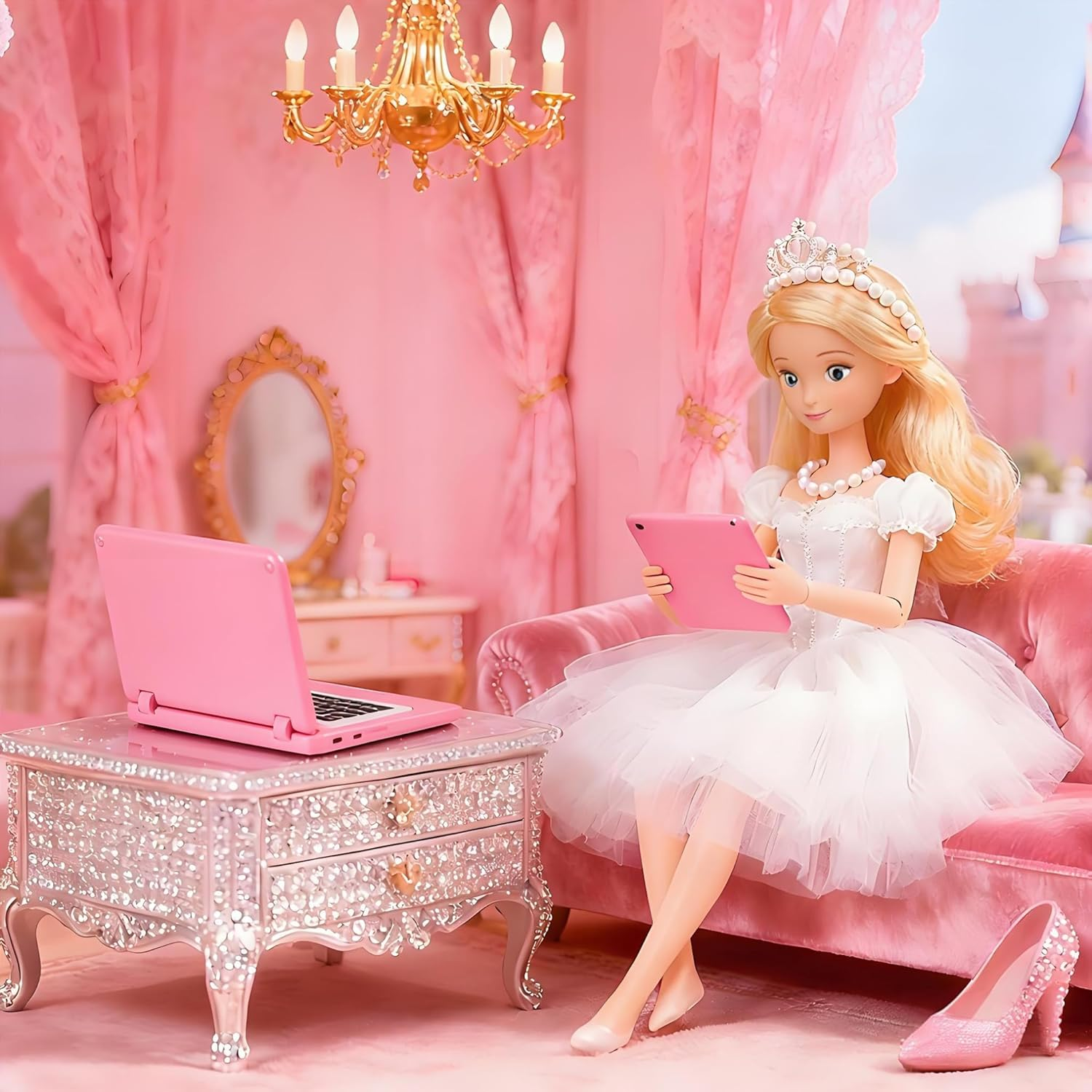 3 Pcs Dollhouse Furniture Accessories Miniature, 1:12 Scale Simulation Metal Laptop Tablet Smart Phone Stuff Doll House Mini Play Set Accessories (Pink) - Computer image number 3