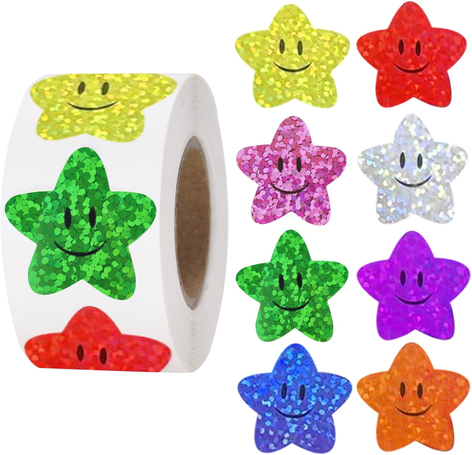 Anwyll Star Smiley Face Stickers - Happy Face Stars Stickers for Kid Reward 500Pcs 1Inch Shiny Star Sticker Self Adhesive Glitter Foil Stars Sticker for Envelope Seal Classroom Teacher Behavior Chart image number 3