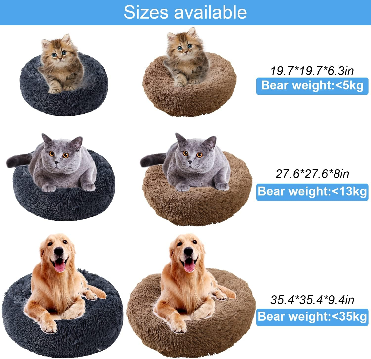 UUEMB 50Cm Calming Dog Cat Bed, Plush Donut Pets Beds for Small Dogs Cats, Soft Puppy Kitten Cuddler round Bed Cushion, Washable Warm Dog Beds for Improved Sleeping (Dark Grey)