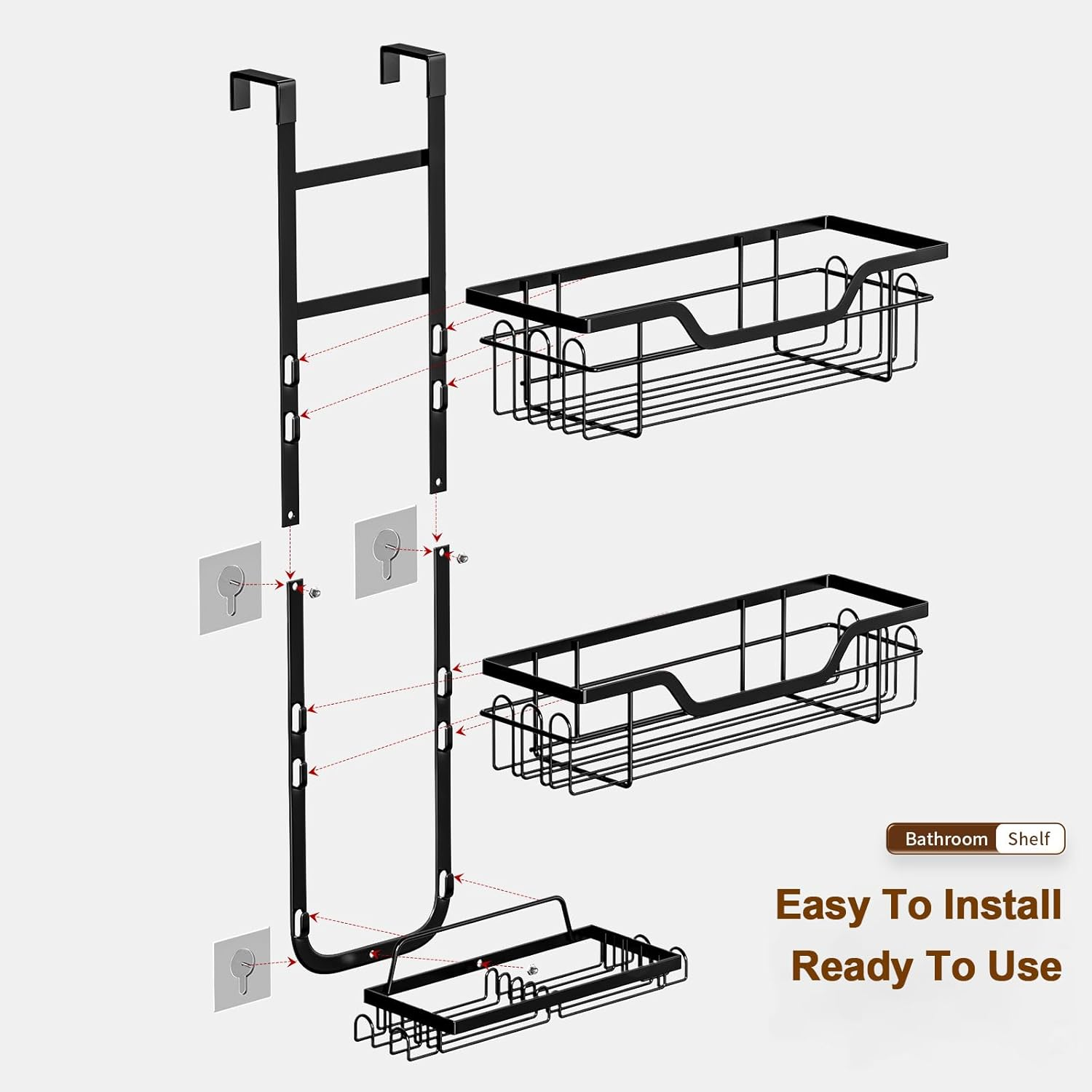 3 Tier over the Door Shower Caddy Hanging, Rustproof Bathroom Caddy Shower Shelf with 4 Hooks,Bathroom Organizer Space-Saving Storage for Shampoo, Soap & Towels image number 3