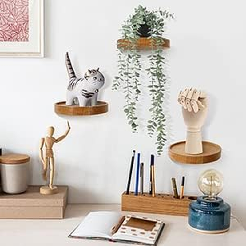 Acelist 3-Pack round Floating Shelves for Wall Decor, 6'' Diameter Beech Wood Floating Shelf, Cup Plant Wall Shelves for Bedroom, Bedroom, Living Room, Bathroom, Kitchen image number 3