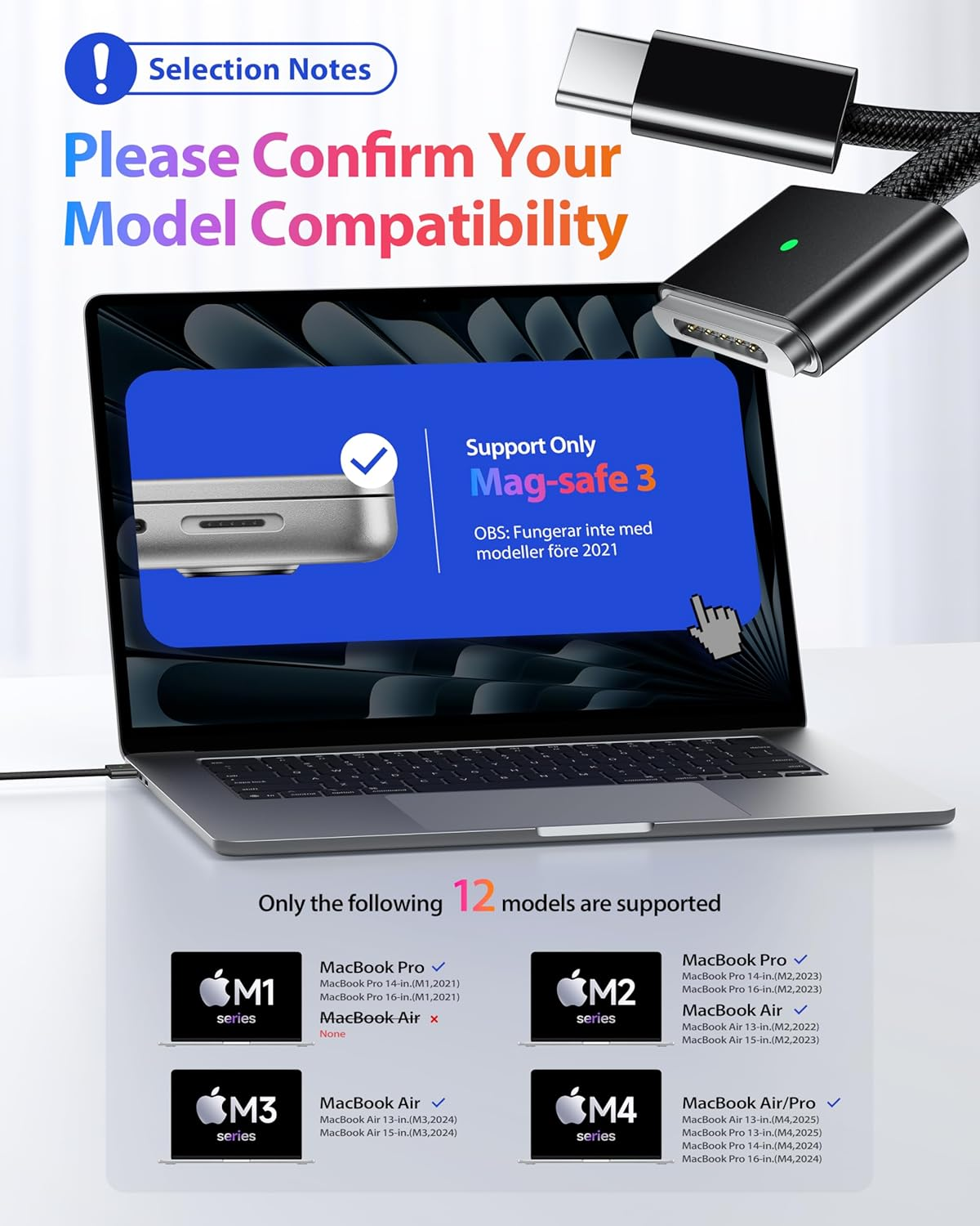 STOUCHI 140W USB C Mag-Safe 3 Cable USB Type C to Mag Safe 3 Charging Cable Compatible with Macbook Pro 2023(M2,14/16Inch)/2021(M1), Macbook Air 2024(M3,13/15 Inch)/M4 2025 Nylon Braided 2M/Black image number 5