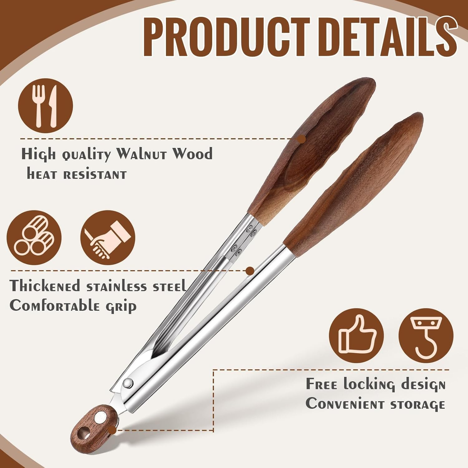 Sopco 2-Piece Walnut Wooden Kitchen Tongs Set (11.4 Inches) &ndash; Wood-Tipped Utensils for Salad Serving, Burger Flipping, Grilling & More image number 2