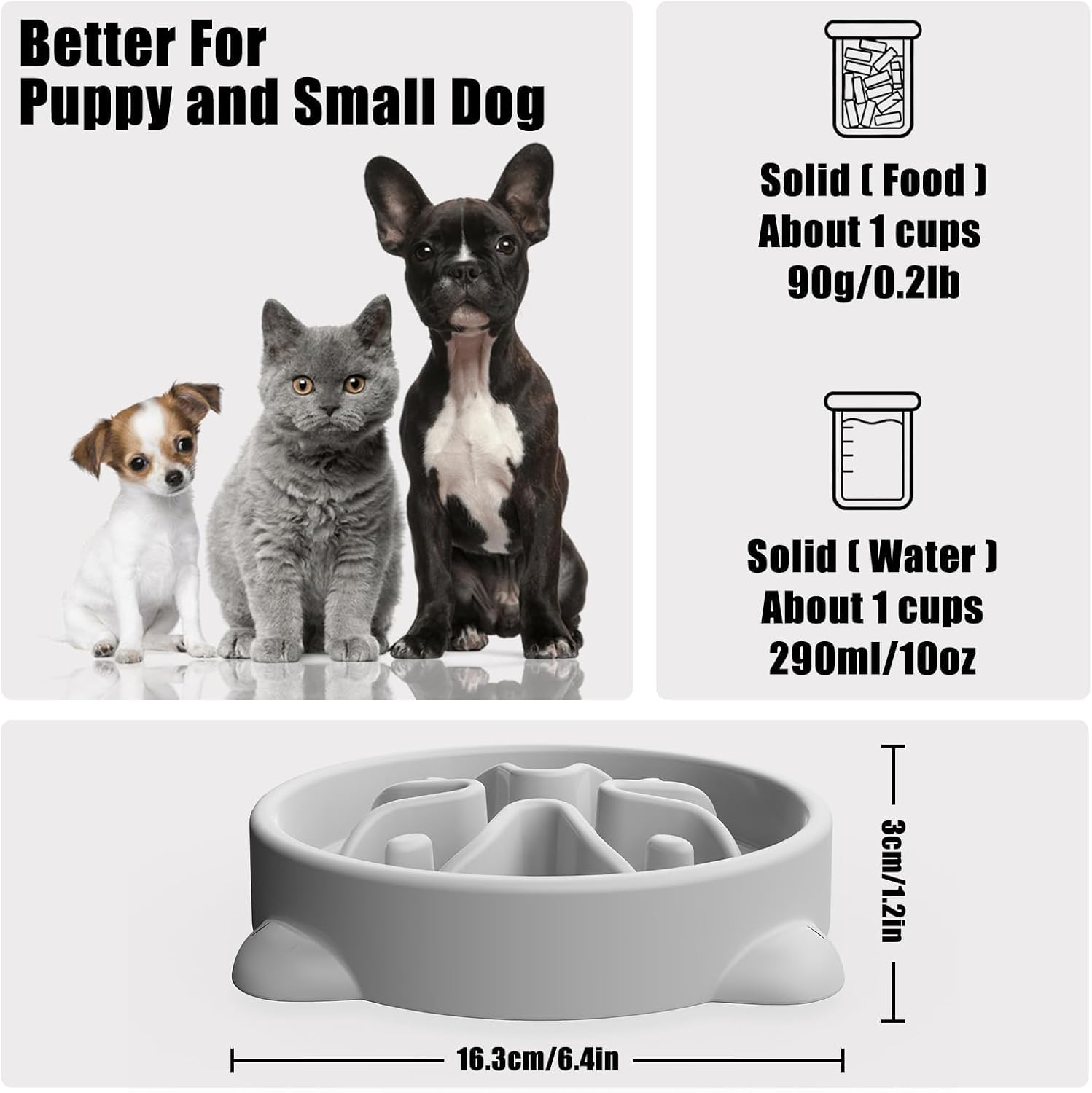 Slow Feeder Dog Bowls Small Breed, Dog Food Bowl Small Anti-Choking Bloat Stop Puzzle Healthy Eating Bowl (Gray, 1 Cup) image number 5