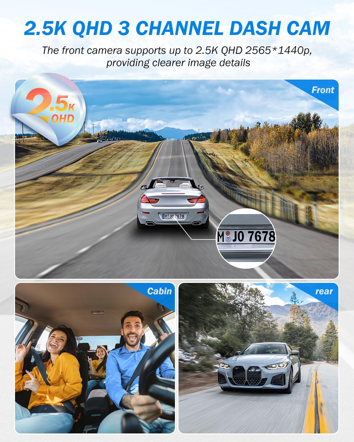 3 Channel 2.5K Dash Cam, 1440P Dash Cam Front and Rear Inside, Dash Camera for Cars, Triple Car Camera with 32GB Card, G-Sensor, 24Hr Parking, 170&deg;Wide Angle, Loop Recording, IR Night Vision, Blue image number 4