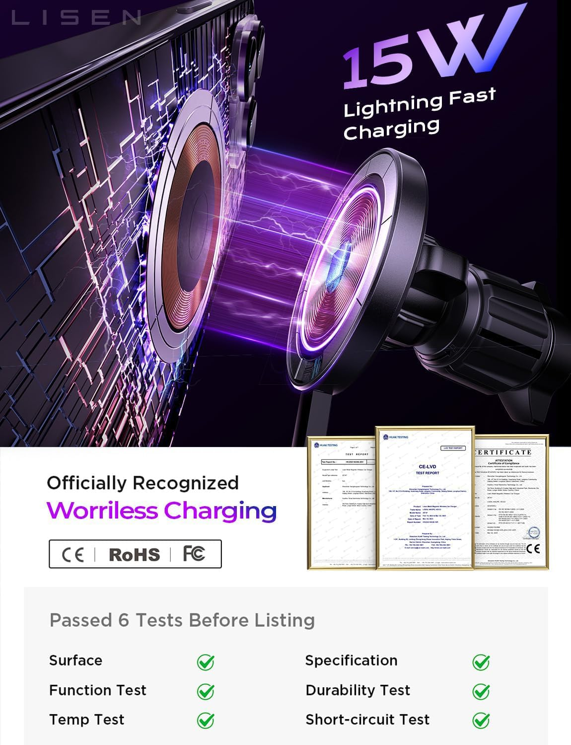 LISEN for 15W Magsafe Car Mount Charger,Magnetic Wireless Cars Charger,Magnetic Phone Holder for Cars,Phone Holders for Your Car Accessories for Women Men Jeep Ford F150 for Iphone 17-12,Samsung,Pixel image number 3