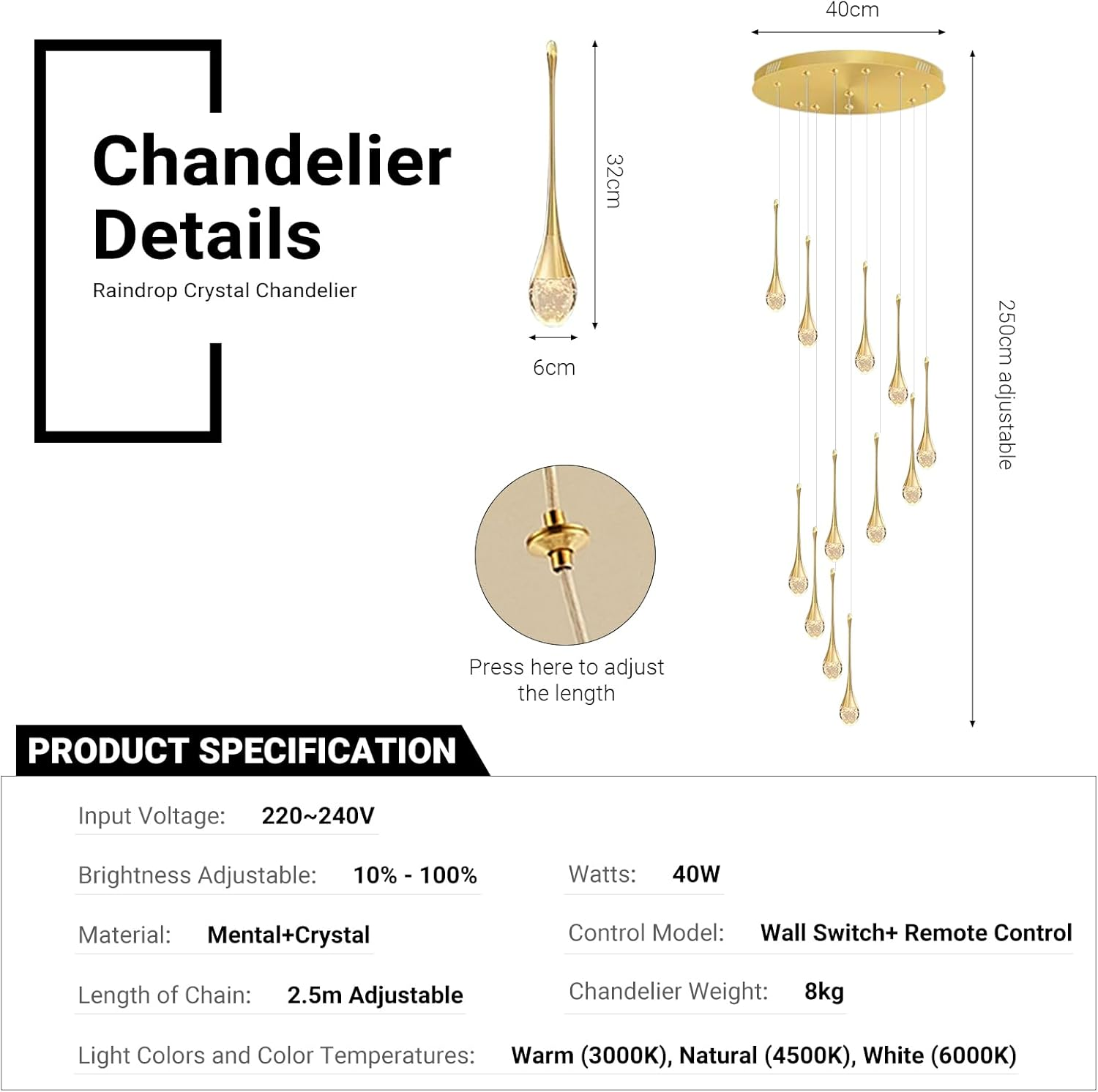 USOR 12-Light High Ceiling Chandeliers LED Modern Gold Crystal Raindrop Chandelier for Staircase Entryway 3 Colors Dimmable Spiral Large Pendant Light Luxury Chandelier for Living Room Lobby Remote image number 4