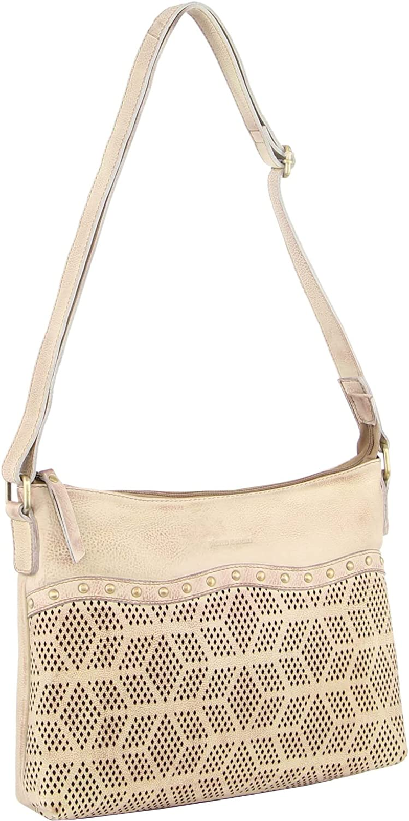Pierre Cardin Womens Leather Perforated Cross-Body Bag with Stud Detailing - Latte image number 1