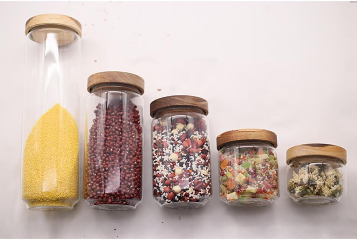 EXAOMBLE High Borosilicate Transparent Glass Spice Storage Jar with Wooden Lid Heat-Resistant Airtight Canister for Tea Coffee Candy Kitchen Food and Grain Organization image number 5