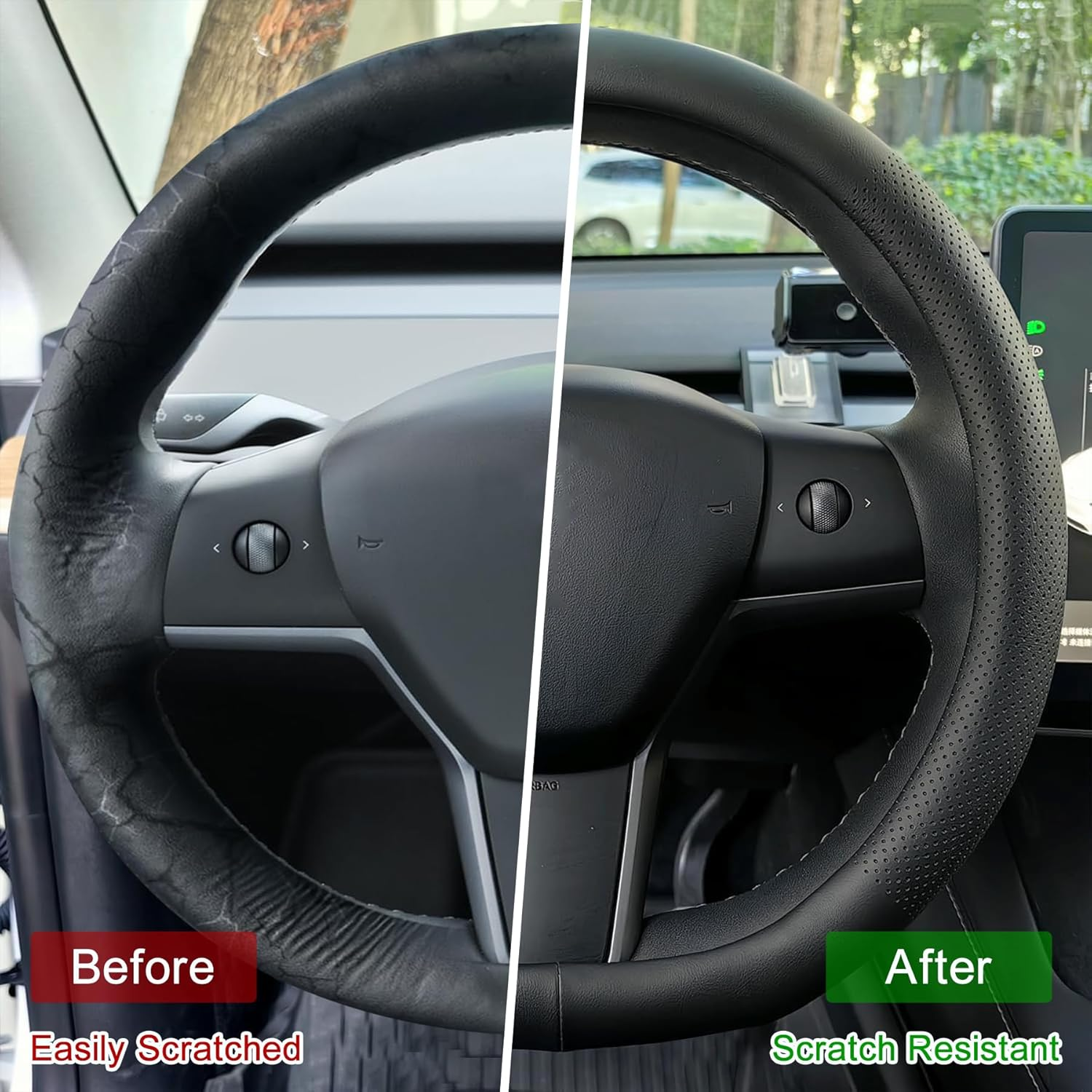 Nappa Leather Steering Wheel Cover for Tesla Model Y Juniper 2025 2026, Non-Slip Breathable Thin Comfortable Steering Wheel Protector for Model 3 Highland 2025 2024 (Black) image number 3