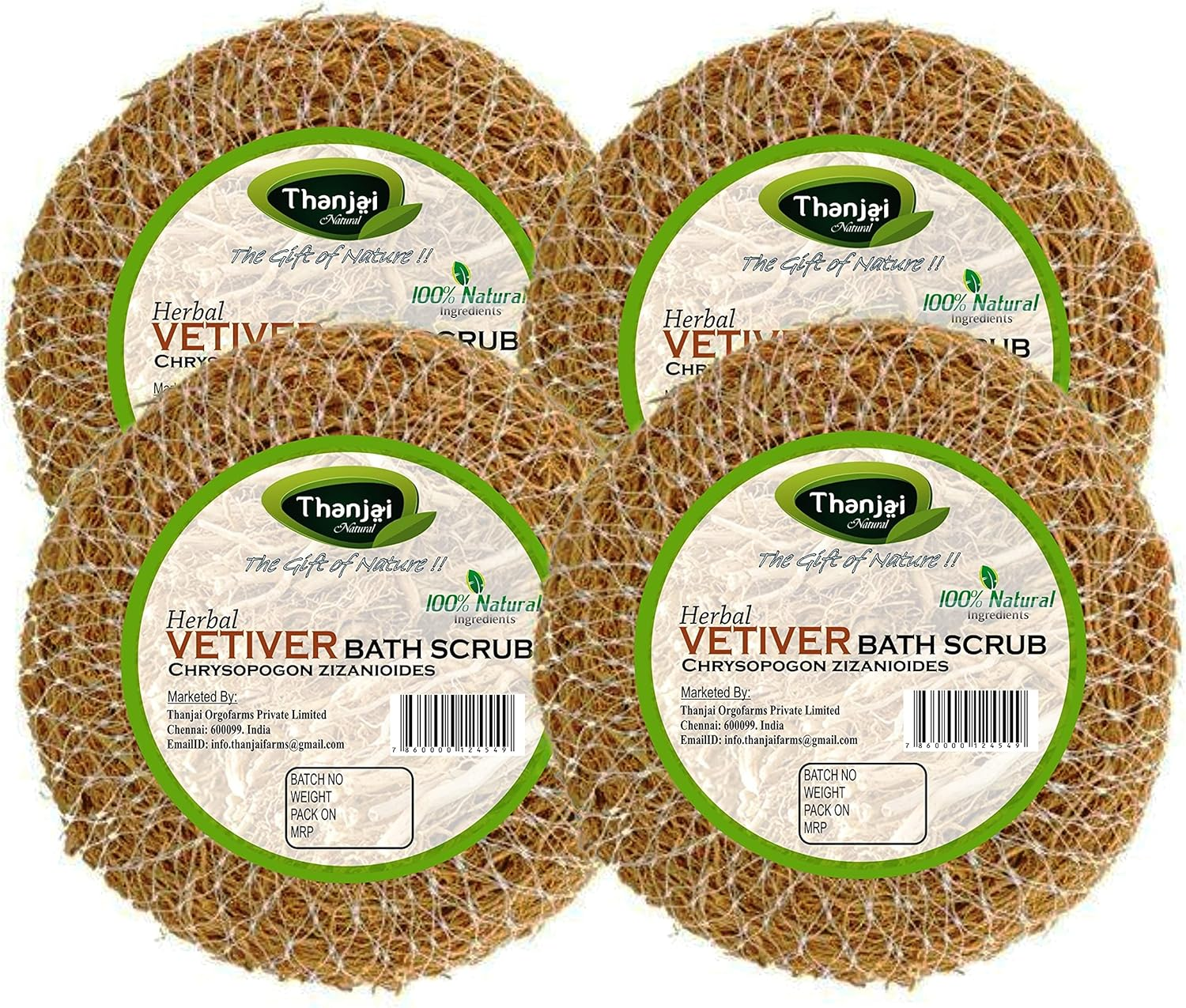 Thanjai Natural Herbal Vetiver Scrub (Chrysopogon Zizanioides) 1St Quality Purely Natural - Pack of 4