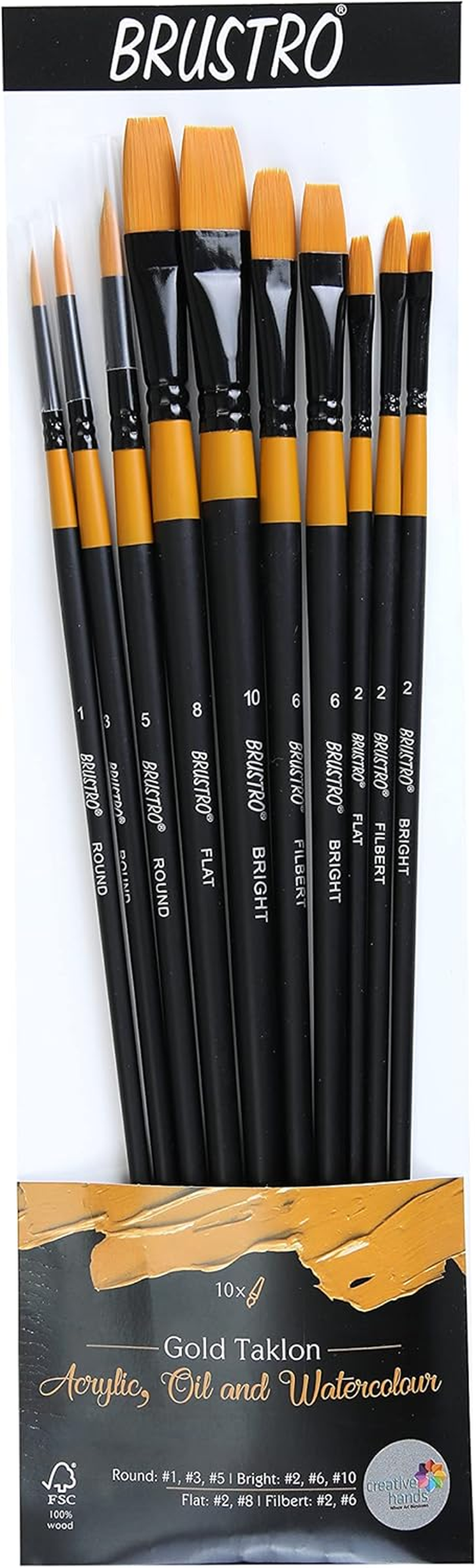 BRUSTRO Artists Gold Taklon Brushes Set of 10| Ideal for Acrylics, Oil Paintings, Watercolour | Long Handle, Bright, Filbert, Flat, Round, Professional Art, School, Office Use. image number 6