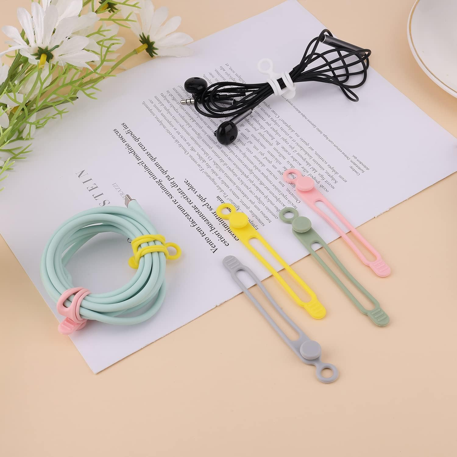 KINBOM 12Pcs Silicone Cable Straps, Reusable Wire Ties Multipurpose Cord Organizer Straps Stretchy Cord Keeper for Earphone, Phone Charger, USB Cables, Kitchen Appliances, Pencil (6 Colors) image number 1