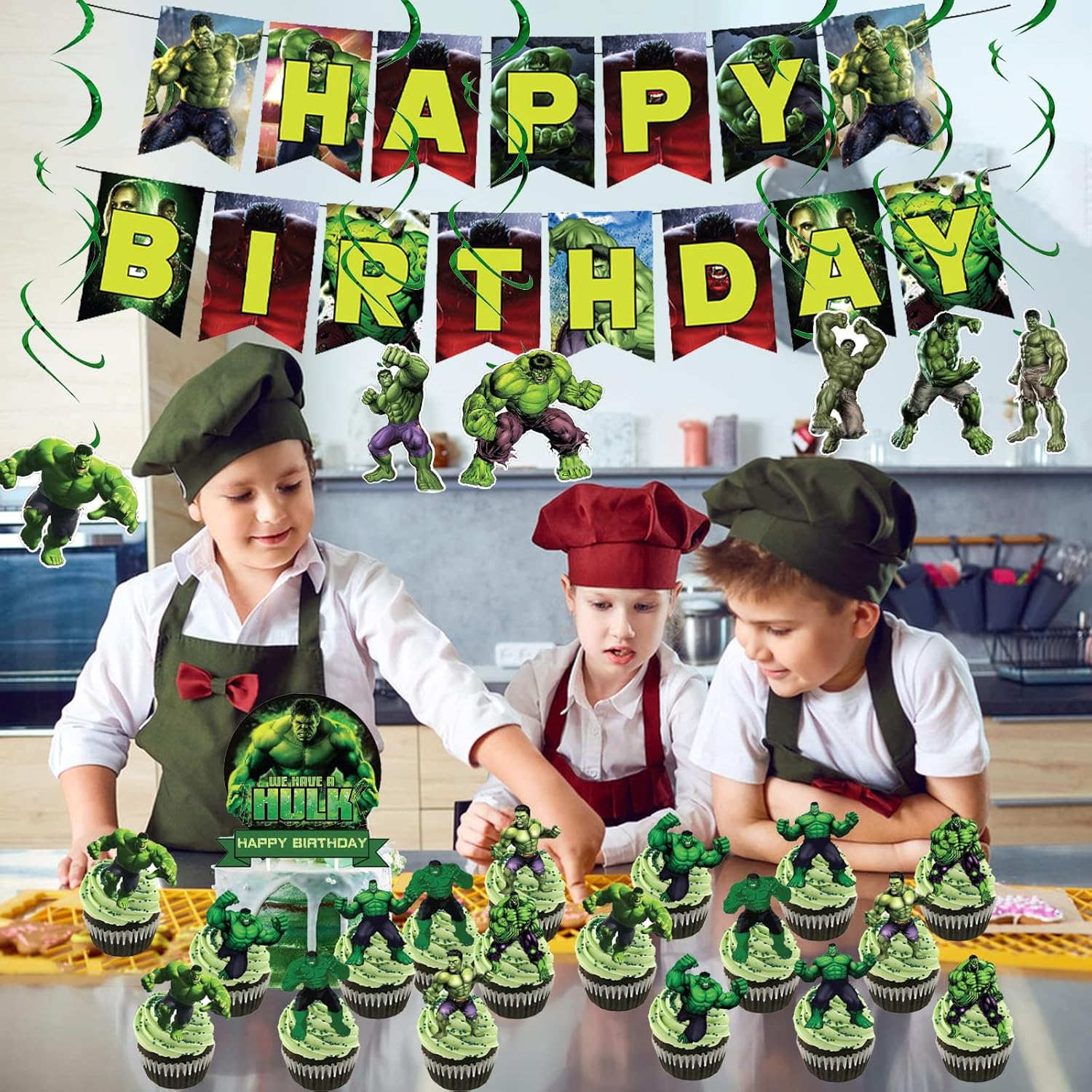 FAMILIO 46 Pcs Hulk Cartoon Party Decoration -Cartoon Character Party Supplies Cartoon Theme Birthday Party Decorations for Kids Adults with Cake Topper for Boys Girls Party image number 2