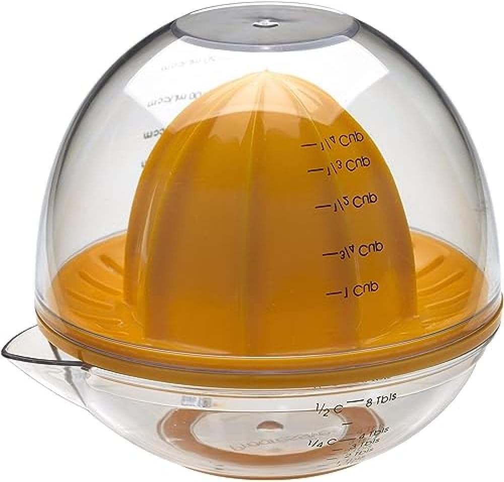 Progressive Citrus Juicer with Strainer for Pulp & Seeds - Multifunctional Measuring Cup | Easy-Pour Spout | Ideal Size to Fit Limes, Lemons and Small Oranges | 1/2 Cup, 8TBSP or 120Ml | Orange/Clear