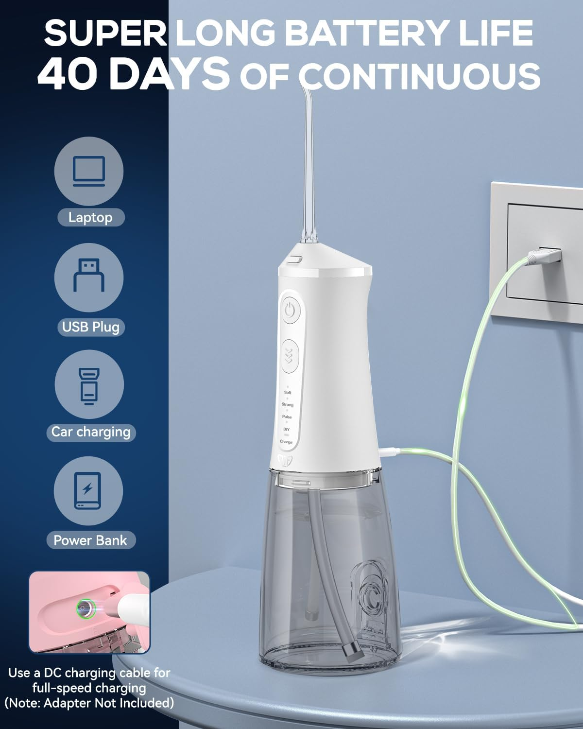 JTF Water Flosser Cordless for Teeth - 4 Modes 9 Jet Tips Portable Dental Floss, 300Ml Teeth Water Jet Cleaner, USB Rechargeable Ipx7 Waterproof Oral Irrigator Tools for Home Travel(White) - Clear image number 6