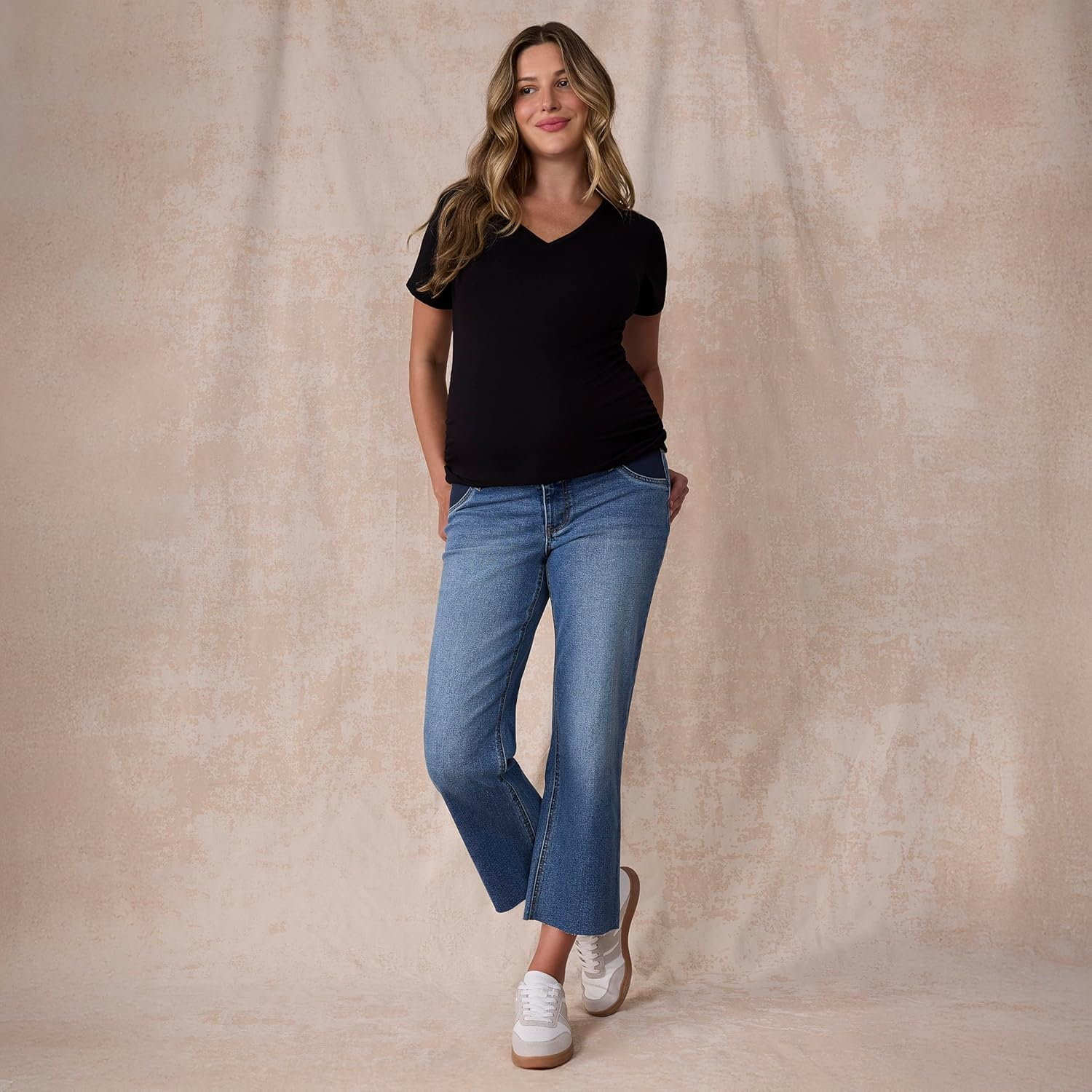 Motherhood Maternity Women'S under the Belly Wide Leg Crop Pregnancy Jeans with Elastic Inset Panels