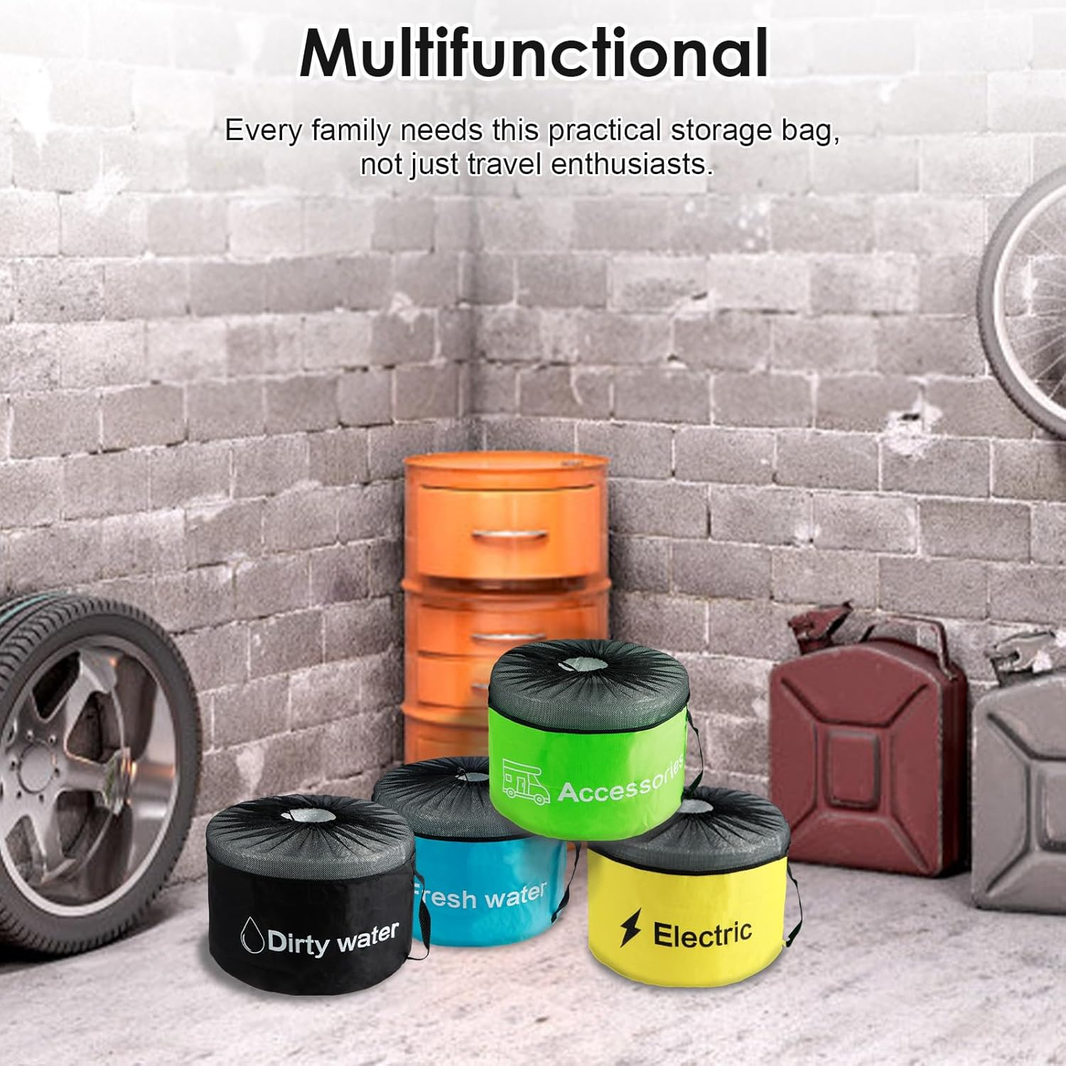 US 3/4Pcs RV Hose Storage Bags with Mesh Top Waterproof RV Utility Bag Multifunctional RV Accessories Storage Bags with Straps Large Sewer Hose Bag for Fresh/Black Water Hoses Electrical Cords image number 1