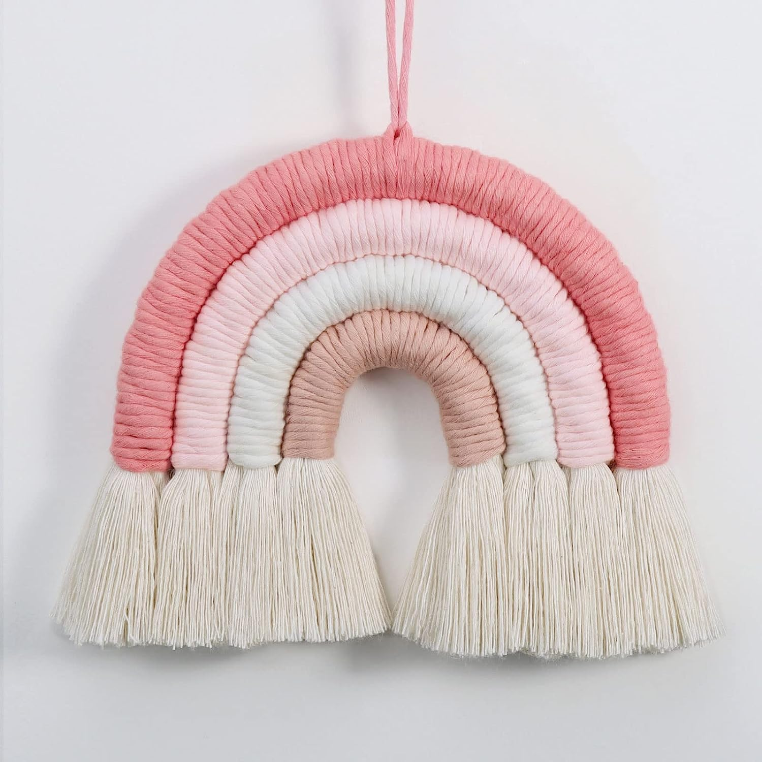 Rainbow Macrame Wall Hanging, Nursery & Home Wall Decor, Bohemian (Pom Pom Trim, 5X5.5X0.39In)