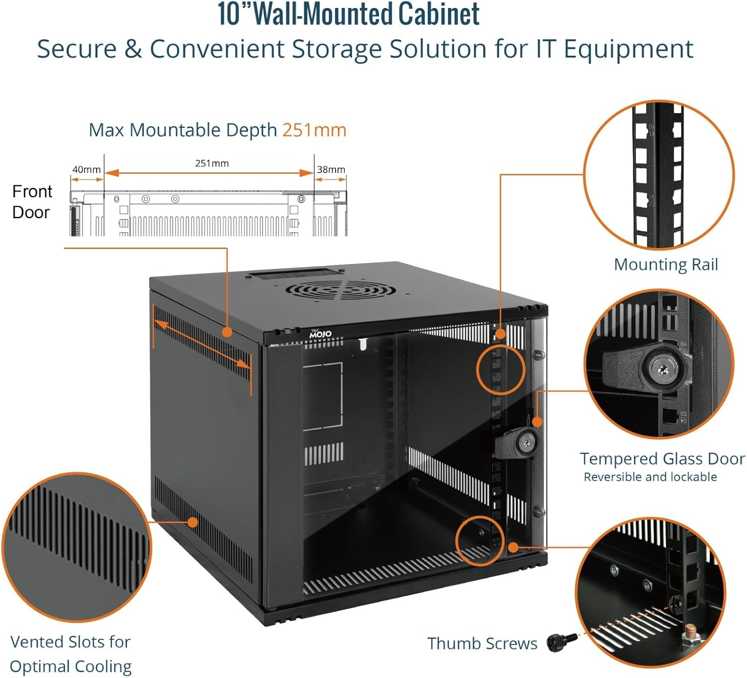 Tecmojo 6U Server Cabinet Wall Mount 10 Inch 330Mm Depth Network Cabinet with Rack Shelf, Brush Panels, Cable Organizer for Small Av/It/Data Devices, 50Kg Capacity, Glass Door image number 1