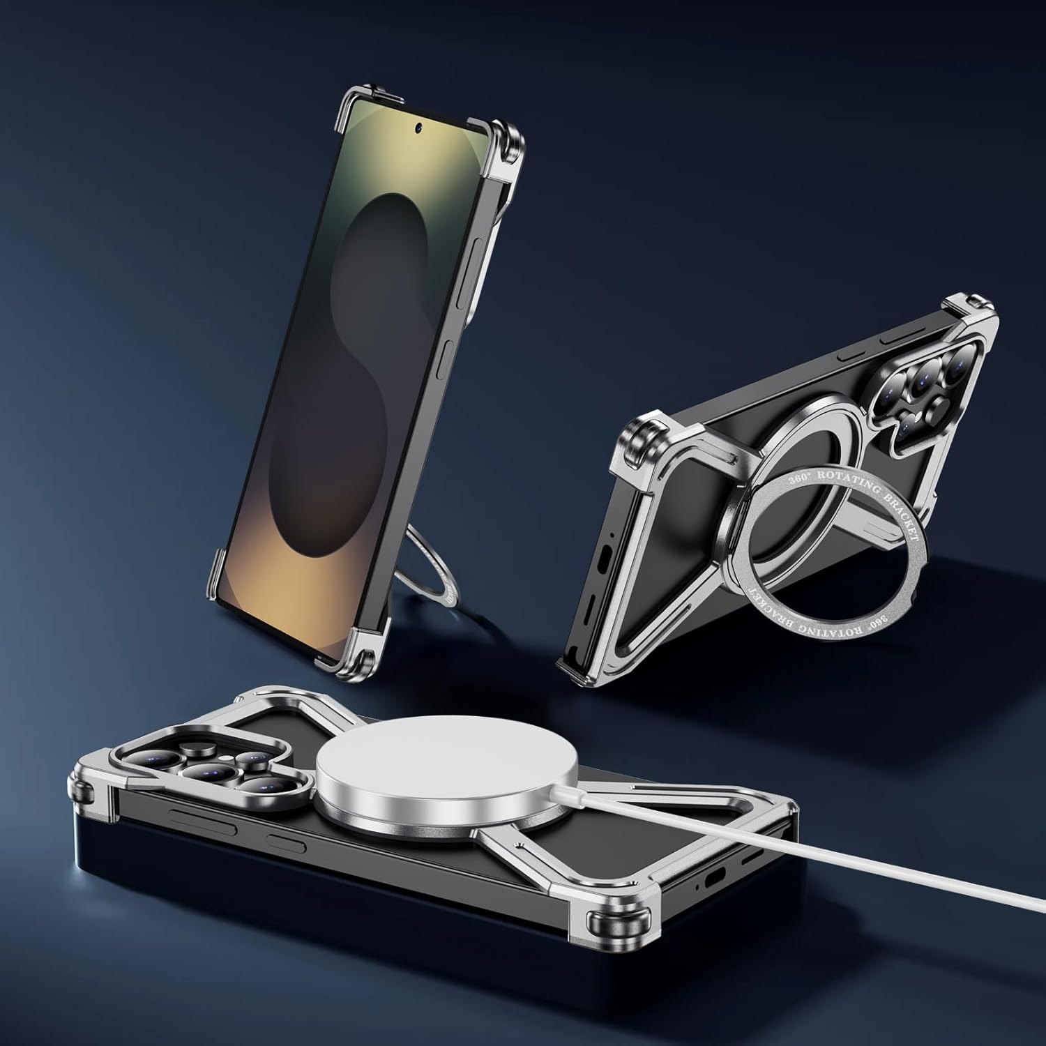 QIWEIQING Skeleton Case for Samsung S25 Ultra, Military-Grade Protection Magnetic 360&deg;Ring Kickstand Compatible with Magsafe Titanium Shockproof Bumper Cover for Galaxy S25 Ultra, Silver THJ image number 1