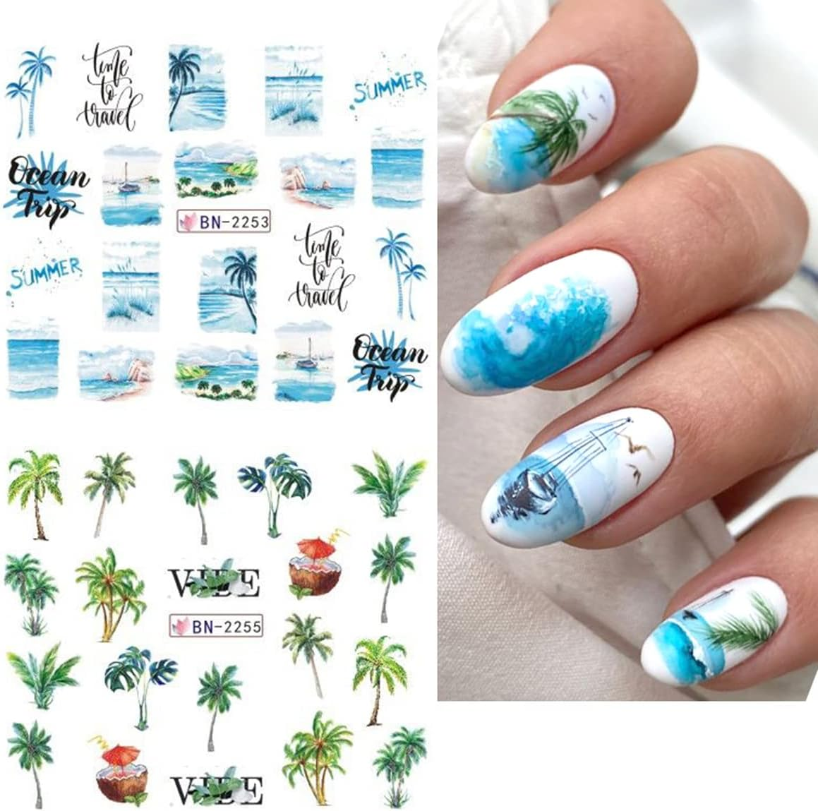 Coconut Trees Nail Art Stickers Summer Beach Nail Decals Stickers for Nail Art Plam Tree Tropical Style Nail Art Water Transfer Decals Sliders for Summer Nails Art Decoration Supplies Manicure Tips
