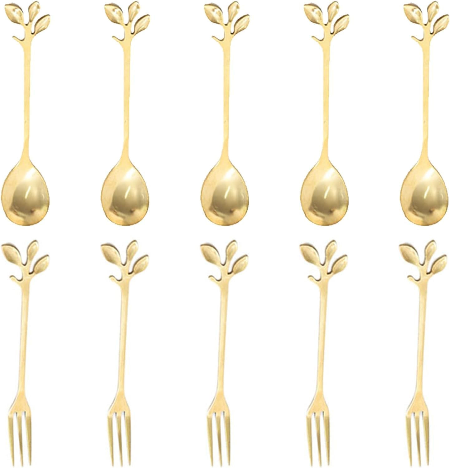 Stainless Steel Leaf Appetizercake Fruit Fork,10Pcs Leaf Handle Small Coffee Spoons and Dessert Fork,Stainless Steel Leaf Coffee Spoon and Fork,Stainless Steelleafcoffeespoonandfruitfork,Silver