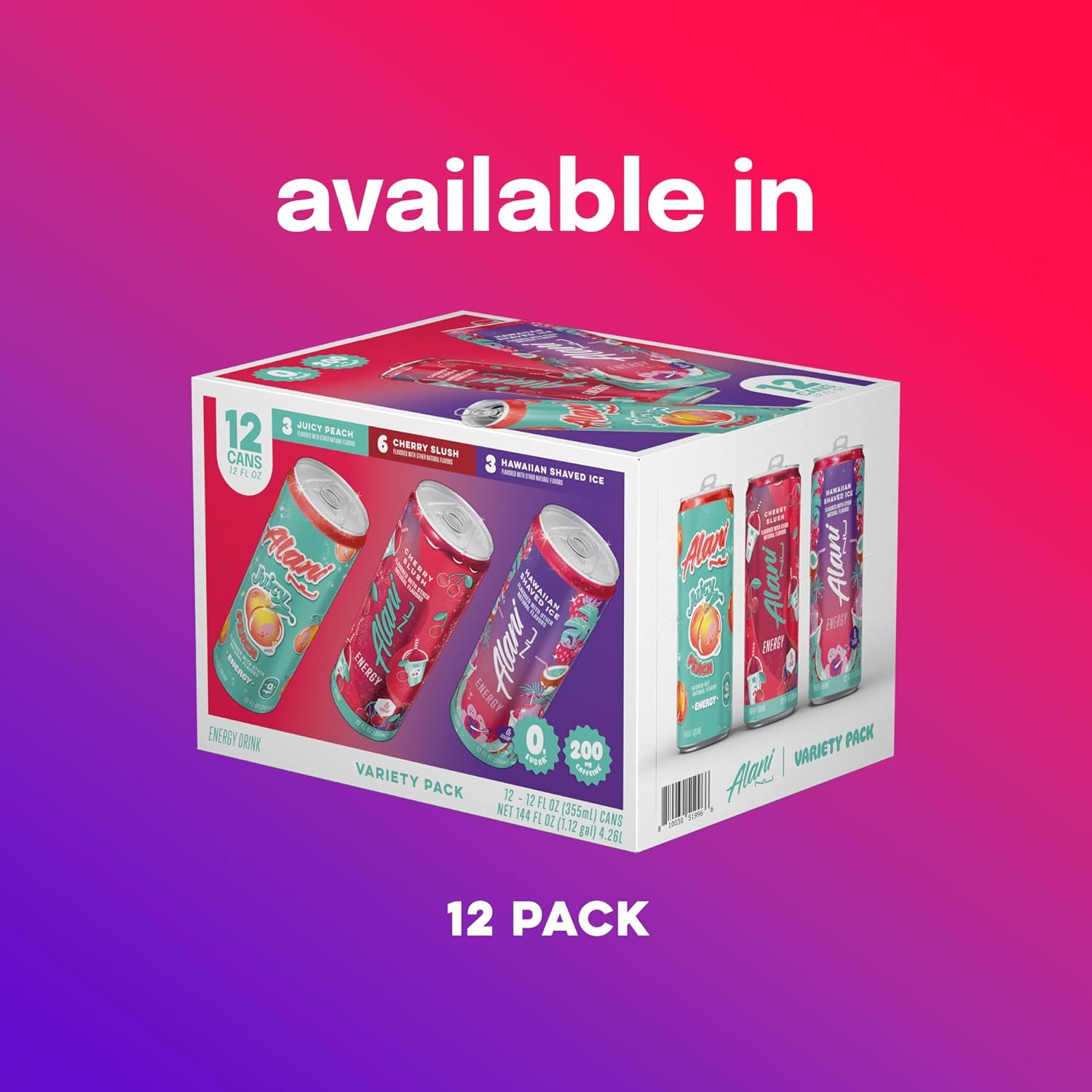 Alani Nu VARIETY PACK CHERRY SLUSH, JUICY PEACH, HAWAIIAN SHAVED ICE Sugar Free, Low Calorie Energy Drinks, 200Mg Caffeine, Biotin B Vitamins, Zero Sugar, 10 Calories, 12 Fl Oz Cans, 12 Pack image number 1