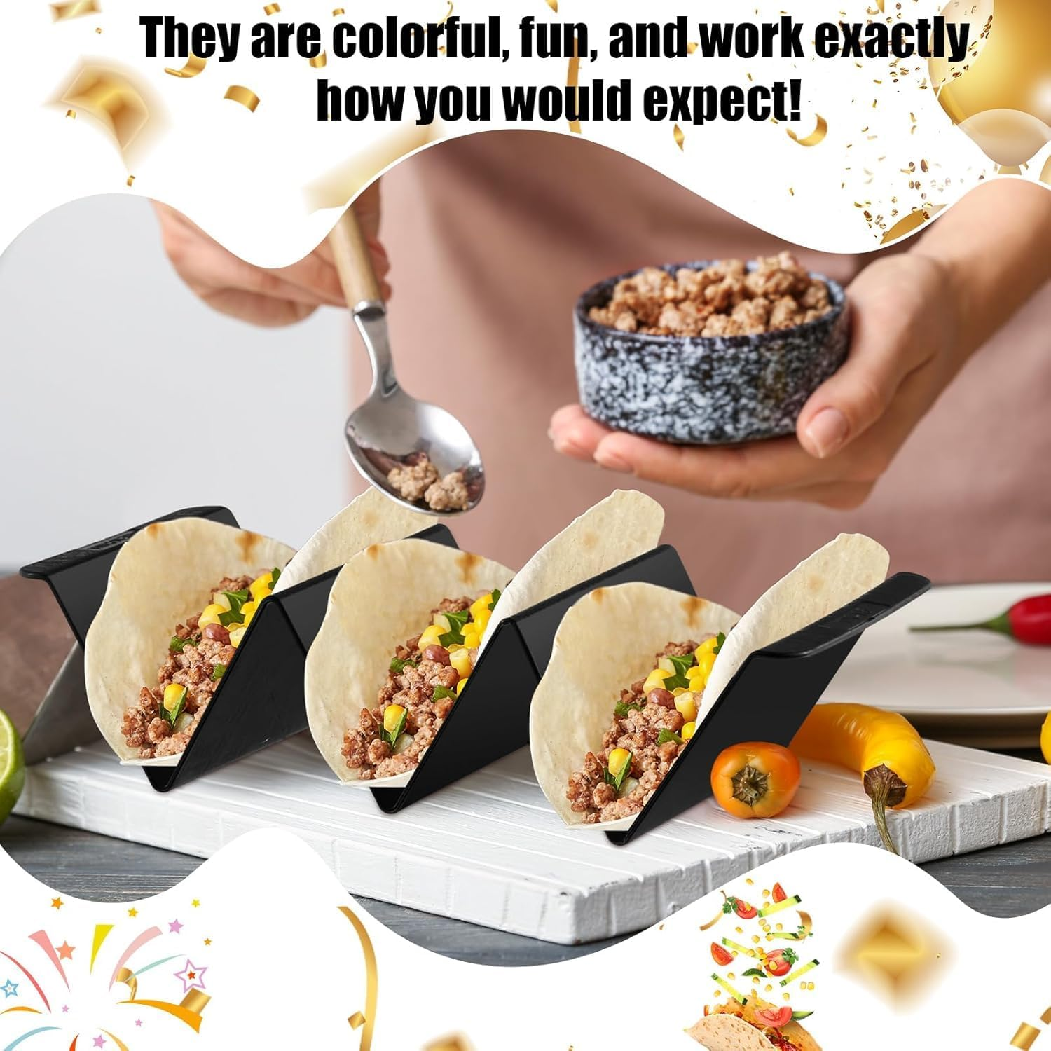 Mexico Taco Holder Stands Set of 7 Black Large Tray Plates Plastics Holder for Taco Night Tuesday Carnival Party Supplies, Dishwasher Microwave Safe image number 6