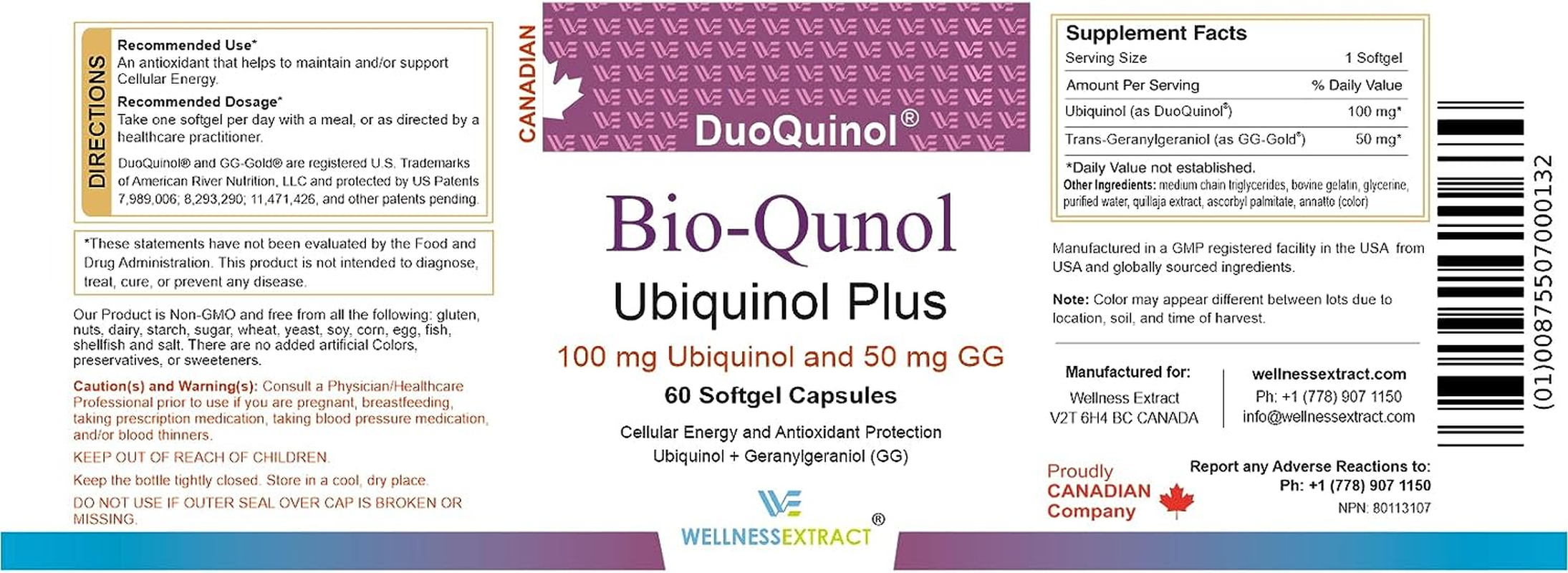 Wellness Extract Bioquinol Ubiquinol (Coq10) with Geranylgeraniol &ndash; Master Antioxidant for Heart Health, Cellular Energy 150Mg 60 Softgels