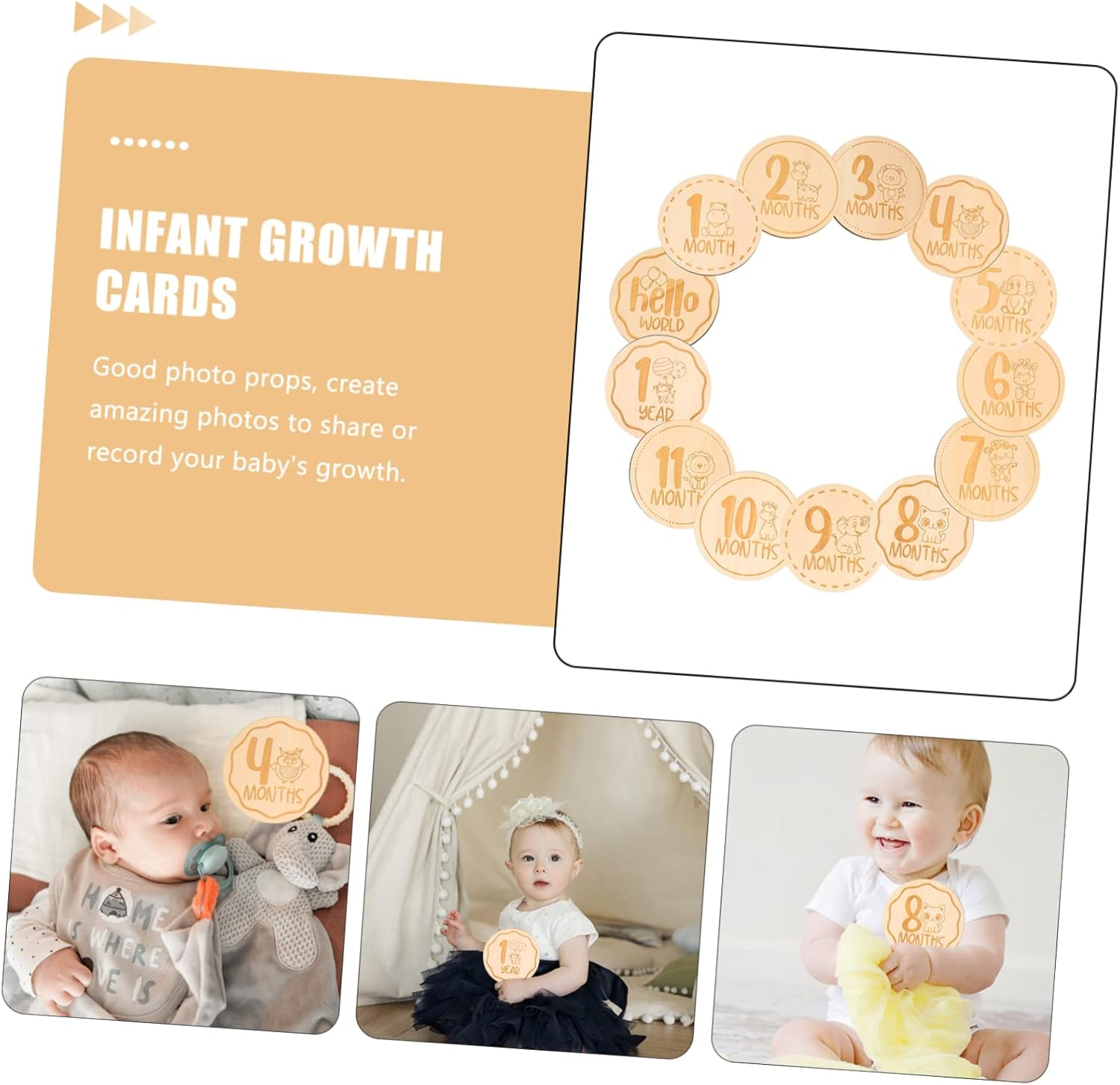 13Pcs Baby Wooden Milestone Cards Cartoon Animal round Growth Photo Props for Infant Newborn Monthly Tracking Accessory Set image number 3