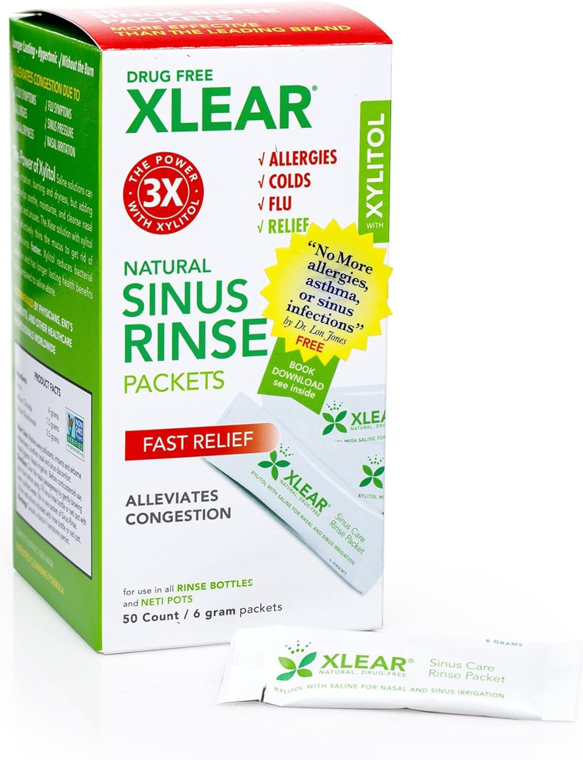 Xlear Natural Neti Pot Sinus Rinse Refill Packets, Sinus Relief Saline Nasal Rinse with Xylitol (50 Packets) image number 2