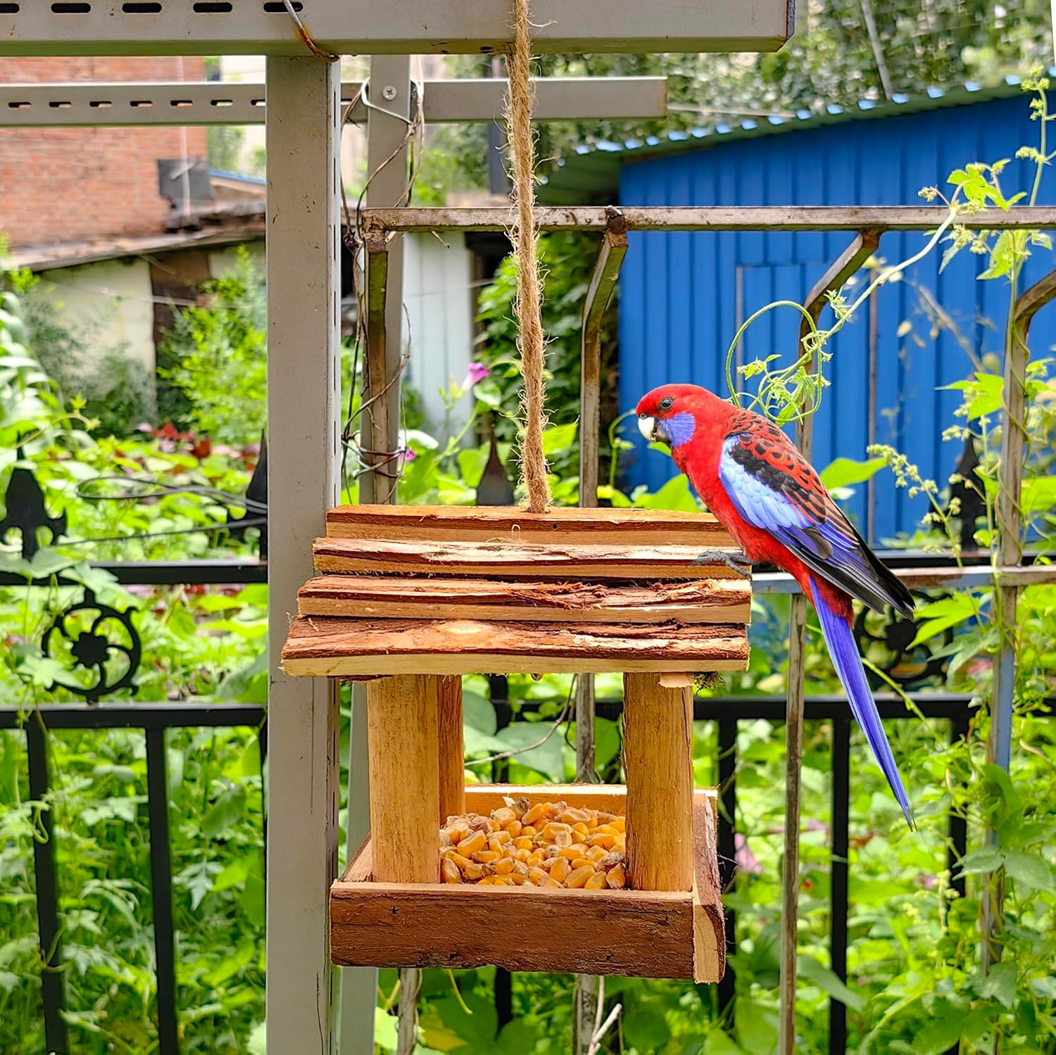 Handmade Wooden Outdoor Balcony Bird Feeder, 7-Inch, Wild Bird, Ranch Patio Yard Tree Hanging image number 2