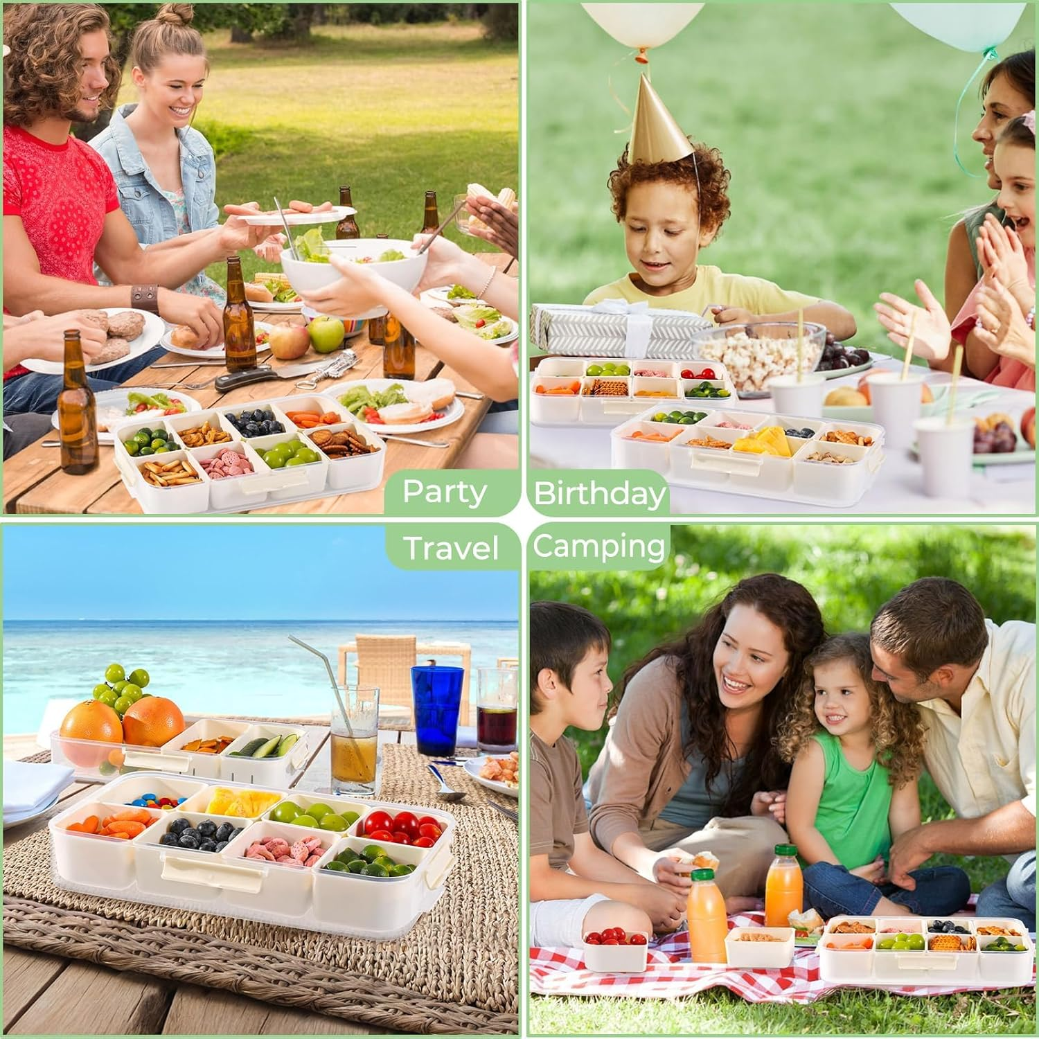 LUXEAR 2PC Divided Serving Tray with Lid and Handle Snack Box Charcuterie Container Dishwasher Safe Snack Platters Portable Clear Organizer for Fruits, Candy, Snacks, Picnic, Party&Travel image number 6