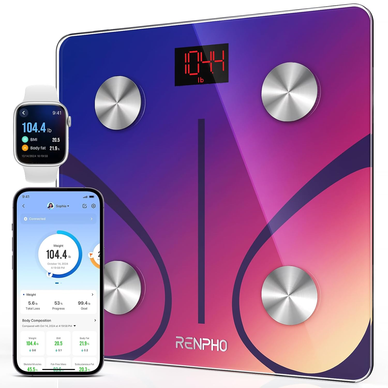 RENPHO Scale for Body Weight 500Lbs, Extra-High Capacity Smart Bathroom Scale with Ultra Wide Platform 12 X 12 Inches, Body Fat Scale with Large LED Display, Health Monitor Sync App, Elis 1