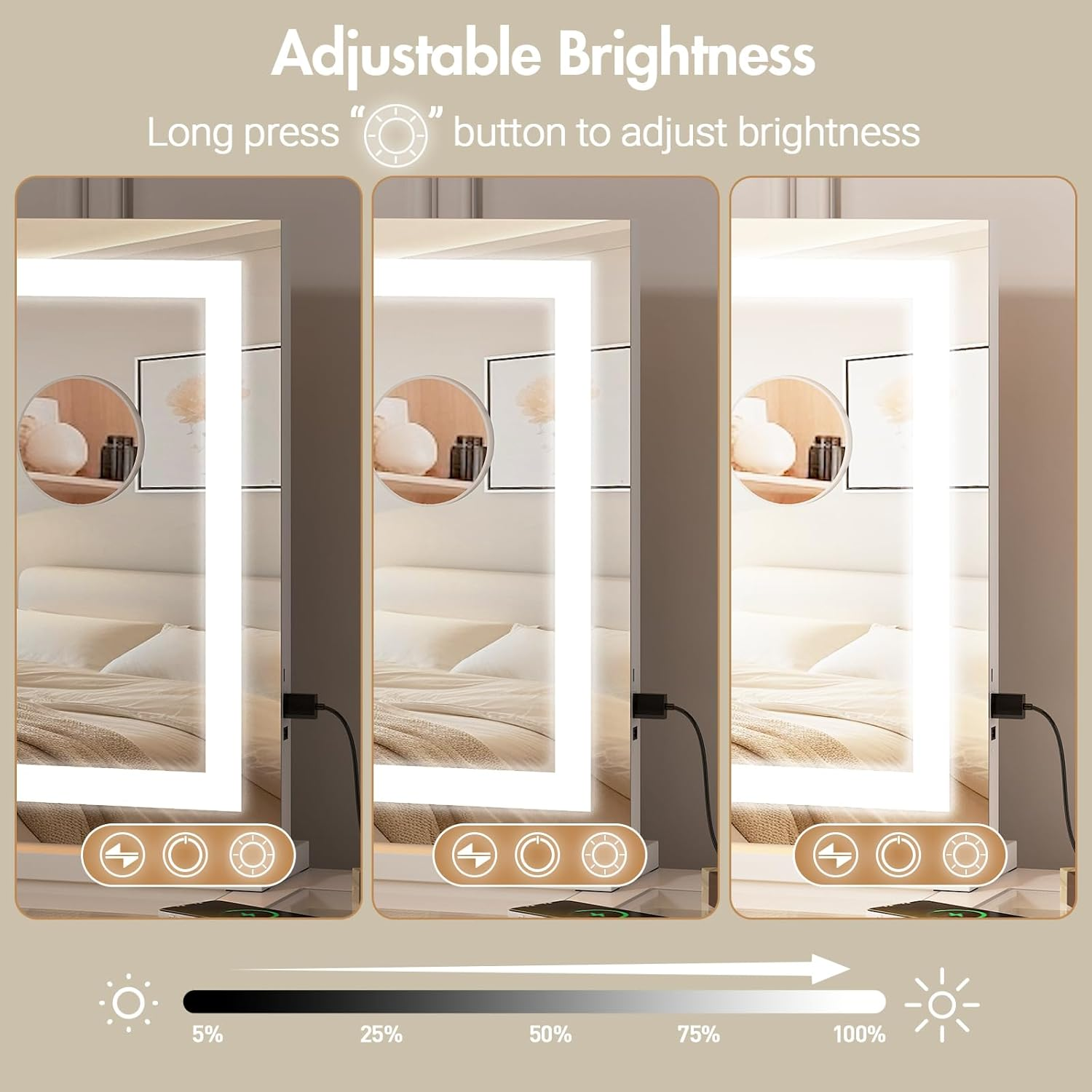 Advwin Lighted Vanity Mirror, 3-Color Dimmable LED & Touch Control - Large Makeup Mirror for Dressing Room with 5X Magnification Mirror Tabletop or Wall-Mounted, White image number 1