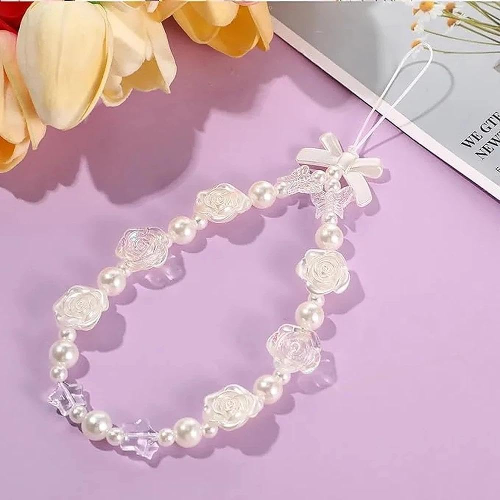 Trendy Butterfly Bow Knot Beaded Phone Charm, Faux Pearl Lanyard, Cute Aesthetic Flower Wrist Strap, Compatible with Phones, Bags, Keychains, & More - Haheihei image number 1