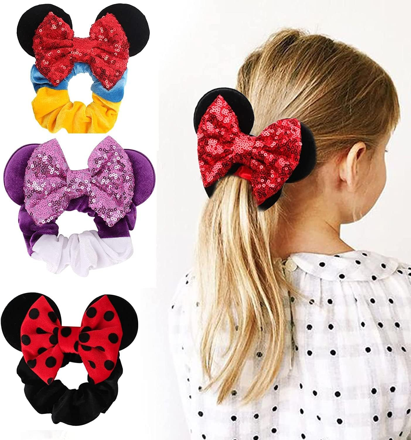3Pcs Mouse Ear Sequins Scrunchies,Mouse Ears Hair Scrunchies Velvet Sparkle Sequin Hair Ties Elastic Hair Bands Ropes Ponytail Holder Bow,Mouse Ears Velvet Scrunchies Bows Hair Bands Hair Ties image number 2