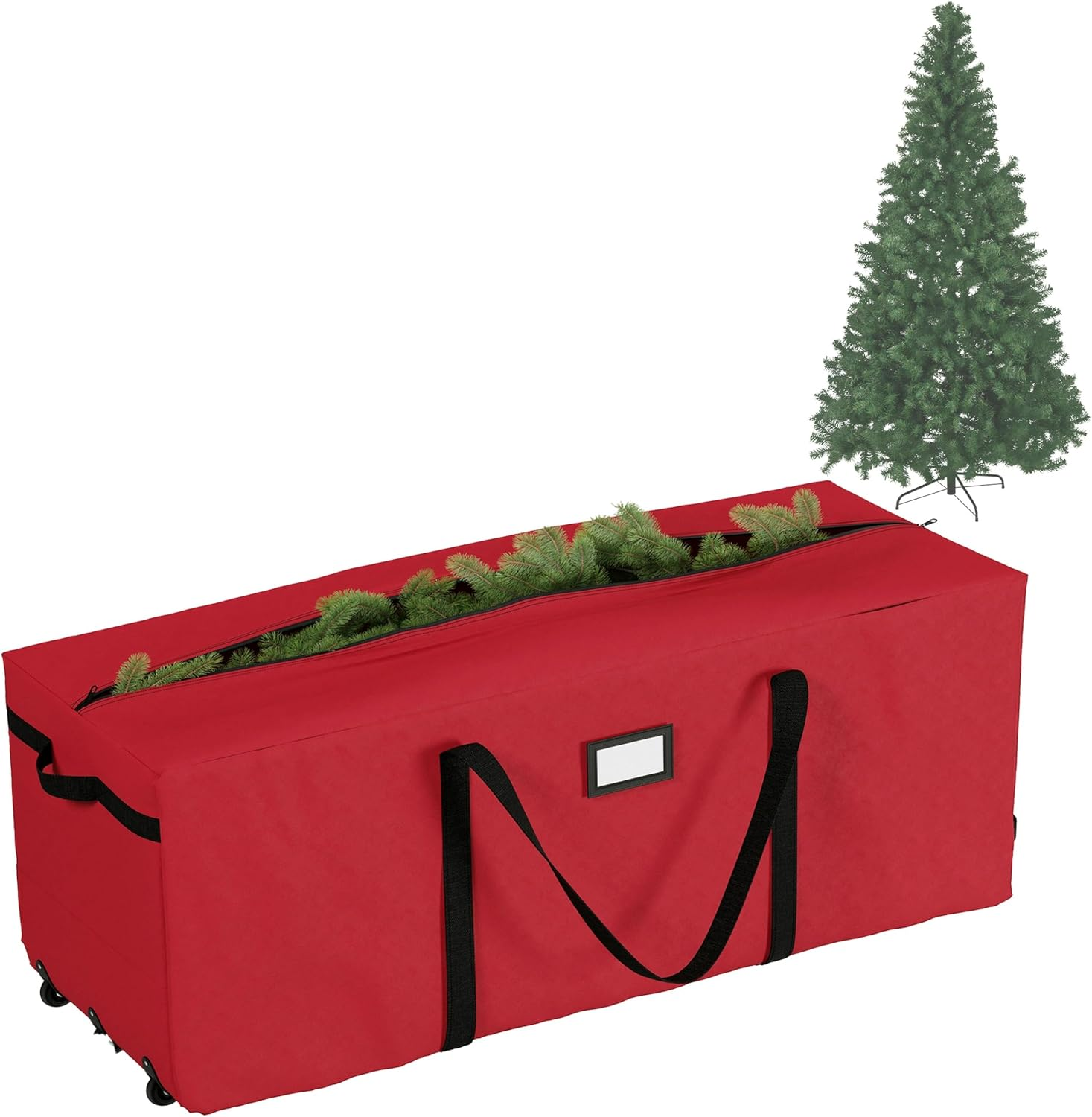 Rolling Christmas Tree Storage Bag- for 12 FT Artificial Trees- Red Canvas Duffel with Wheels-Protects Holiday Decorations & Inflatables by Elf Stor image number 1