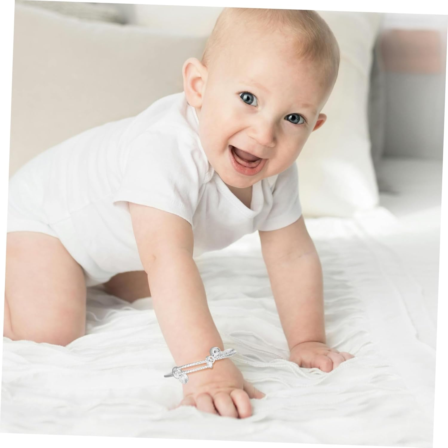 GALPADA Silver Bell Bangle Bracelet for Babies and Toddlers Infant Jewelry Beaded Design Newborn Baby Girl Bracelet for Birthday image number 1