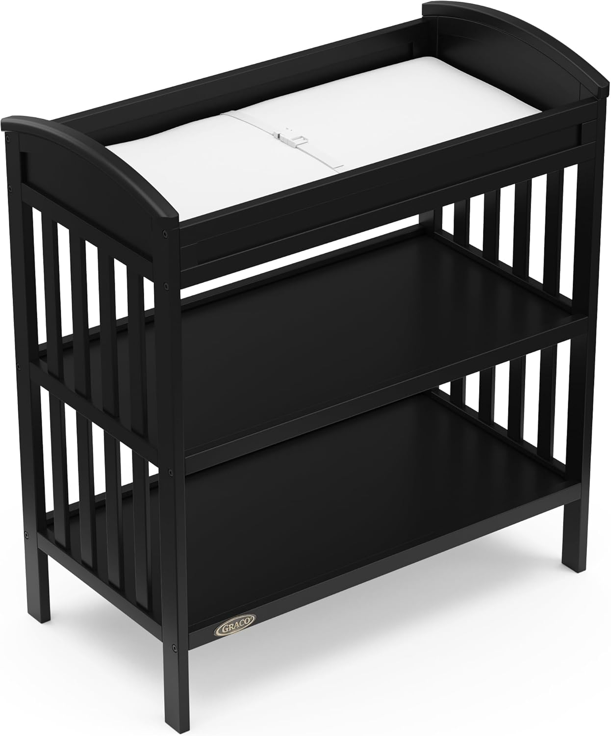 Graco Benton Changing Table with Bonus Water-Resistant Changing Pad (Black) - GREENGUARD Gold Certified, Includes Diaper Change Pad with Safety Strap, 2 Open Storage Shelves for Organizing