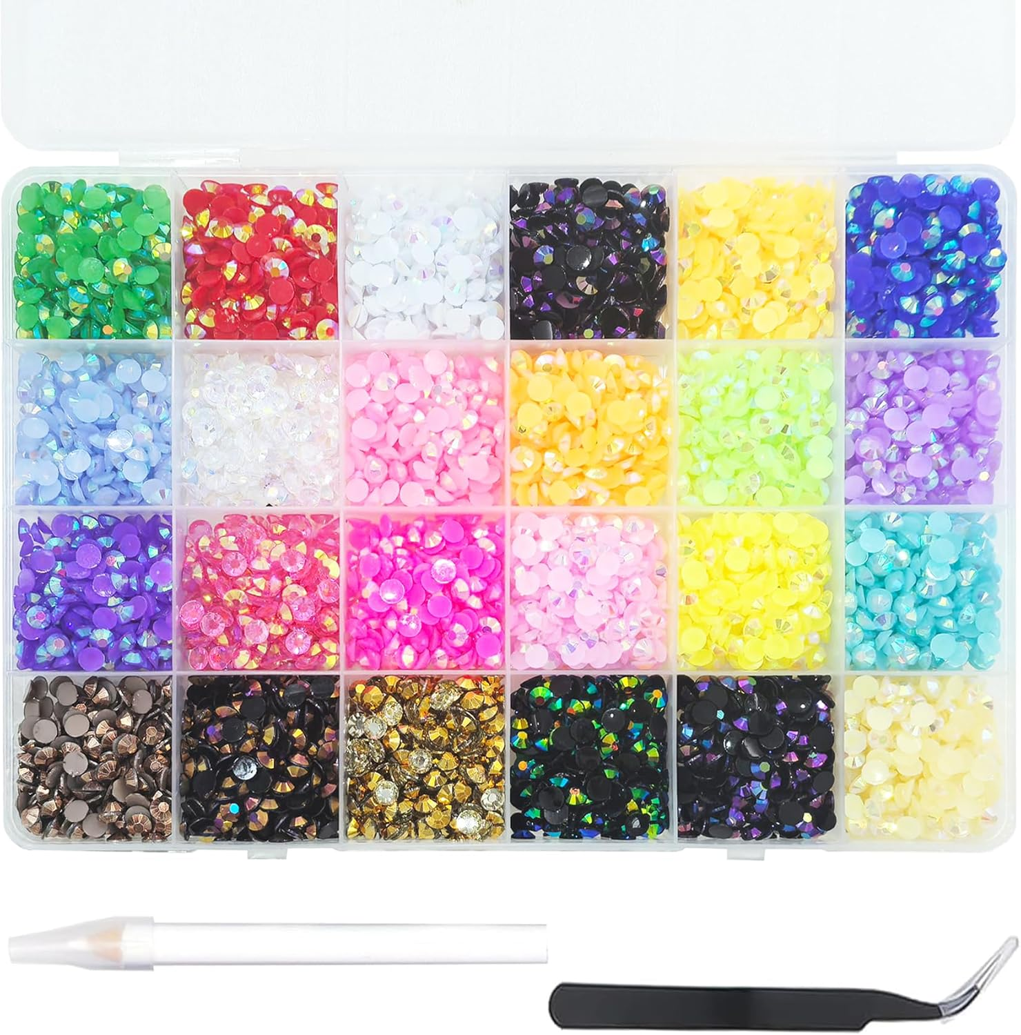 6000Pcs Nail Art Rhinestones, Betterjonny 24 Colors 5Mm round Nail Flatback Rainbow Gems Set with Tweezers and Pencil AB Glitter Flat-Bottomed Rhinestone for Crafts Decoration and Jewelry Making