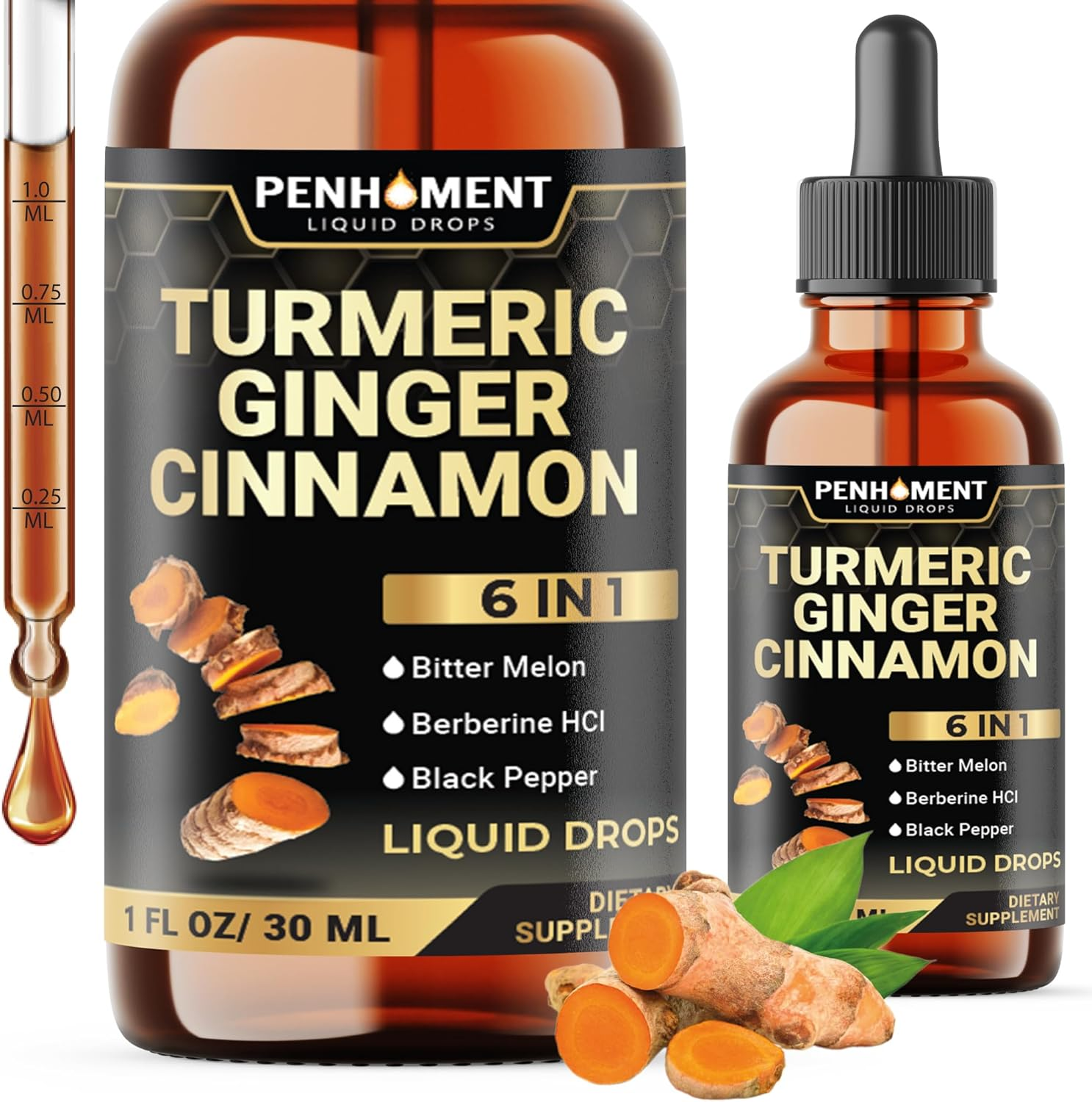 PENHOMENT 6In1 Liquid Turmeric Ceylon Cinnamon Berberine Ginger Bitter Melon & Black Pepper &ndash; Turmeric Supplement Drops for Digestive Health & Mobility &ndash; 1 FL OZ &ndash; 60 Servings image number 4