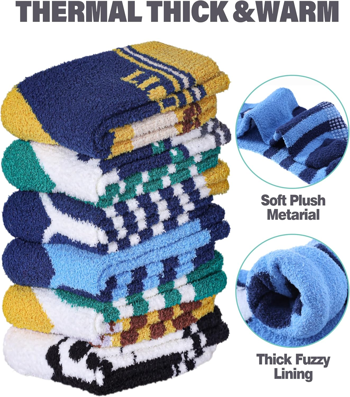 LINEMIN Kids Boys Toddlers Fuzzy Socks with Grips Cute Fun Animal Cozy Fluffy Winter Warm Non Slip Crew Socks 6 Pairs image number 2