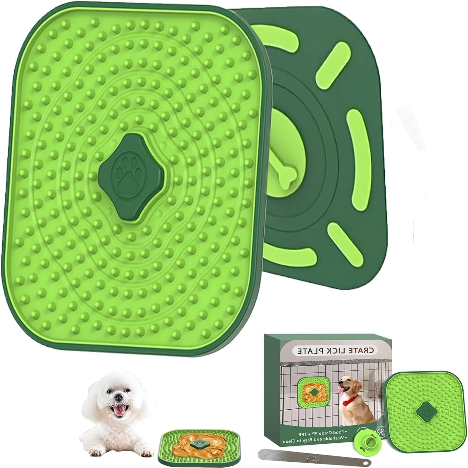 Licking Mat for Dog Crate ＋Scraper Lick Mats for Interaction with Dogs Versatile Licking Mat for Boredom Reducing Dog Anxiety Safe Secures to Crate Peanut Butter Dog for Training Aid (Green Square)