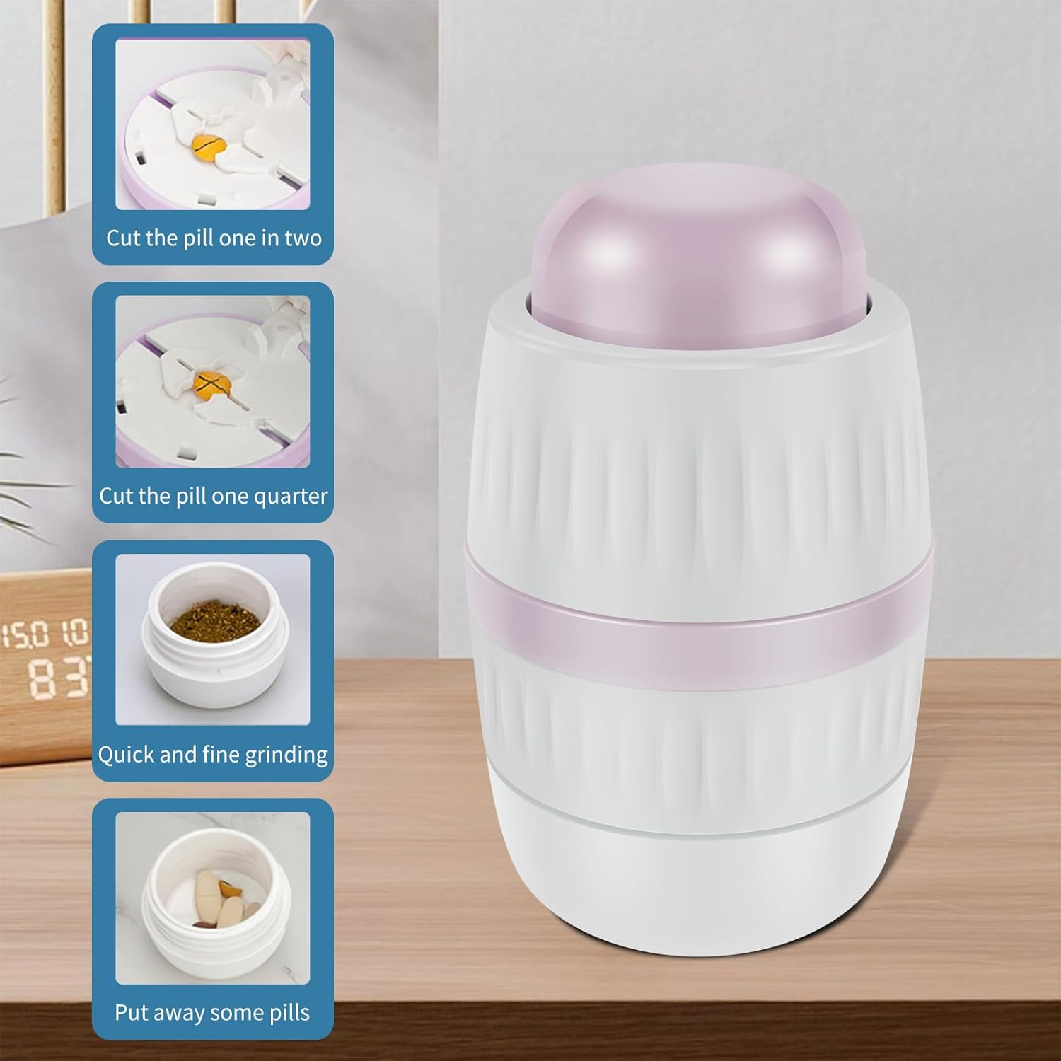 4 Functions Pill Cutter with Stainless Steel Blade, Portable Pill Crusher, Compact Pill Organizer, Reliable Pill Grinder Includes Cleaning Brush for Small and Tiny Pills (Pink) - Blue image number 5